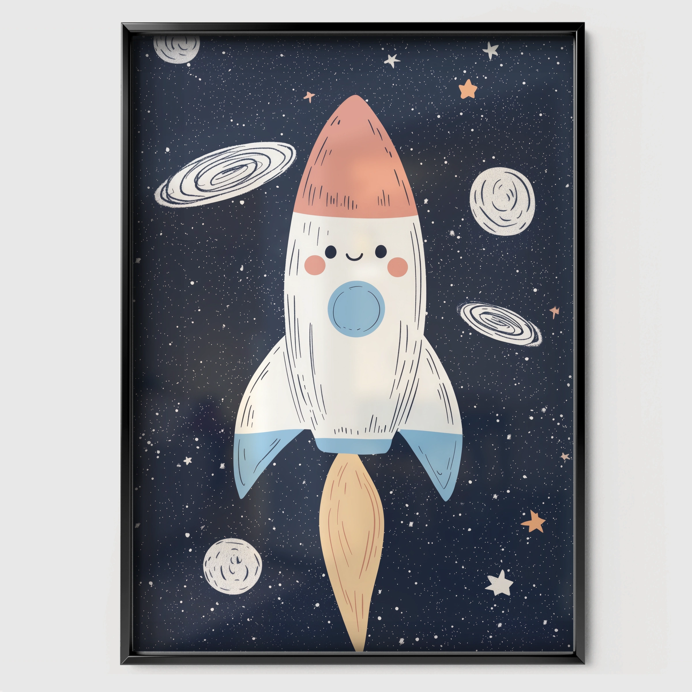 Blast Off Rocket Nursery Print - black framed nursery wall art print