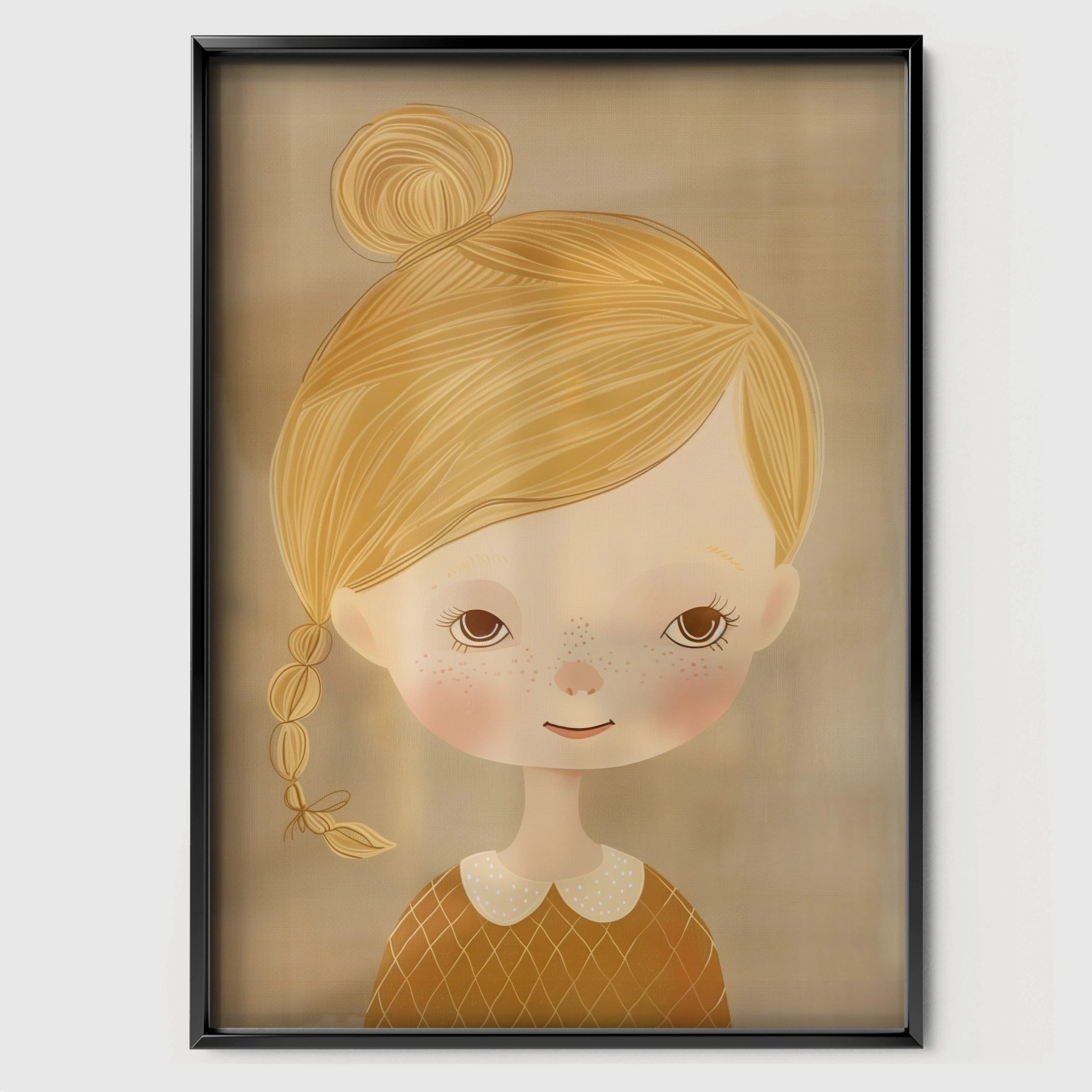 Blonde Girl Portrait Nursery Print - black framed nursery wall art print