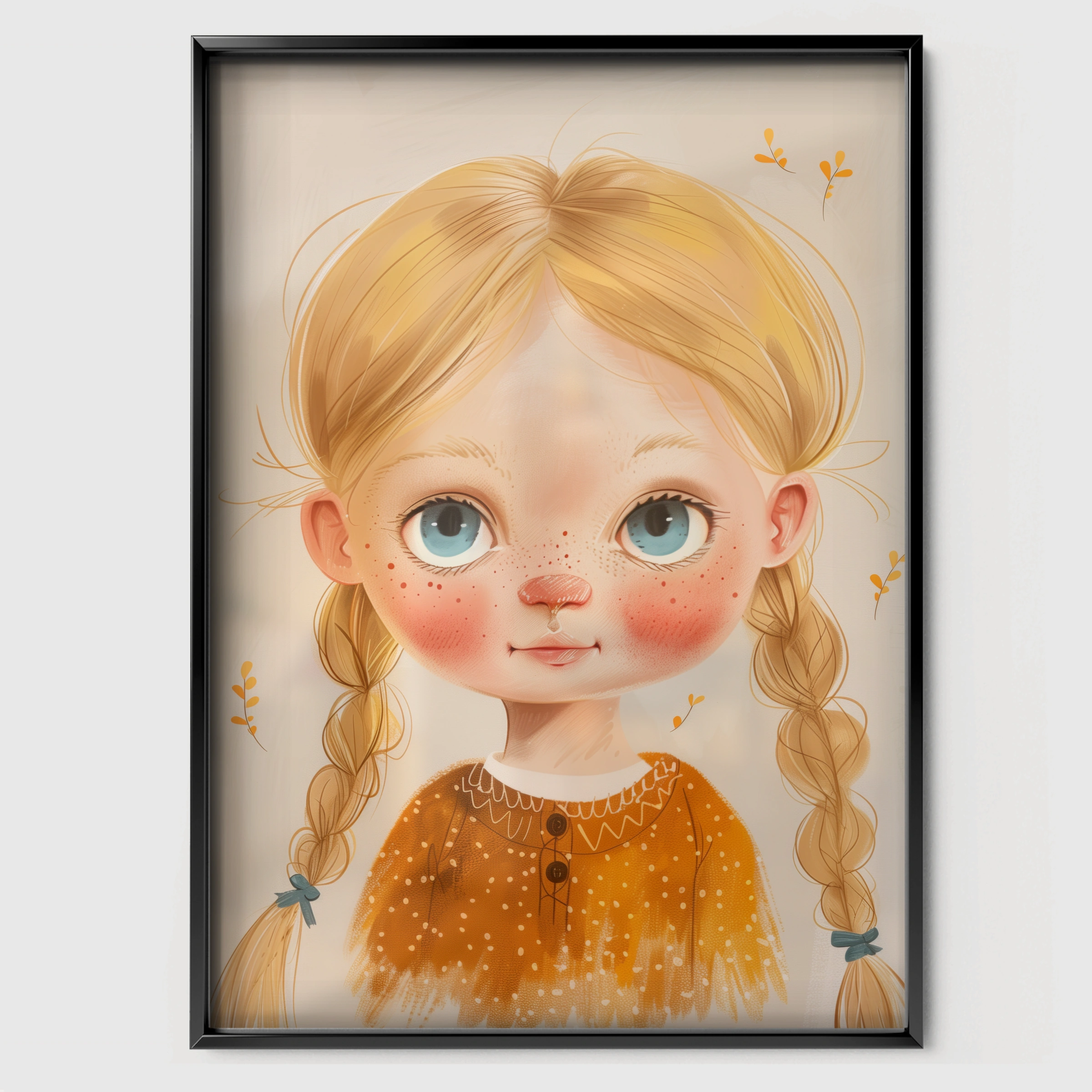 Blonde Girl with Braids Nursery Print - black framed nursery wall art print