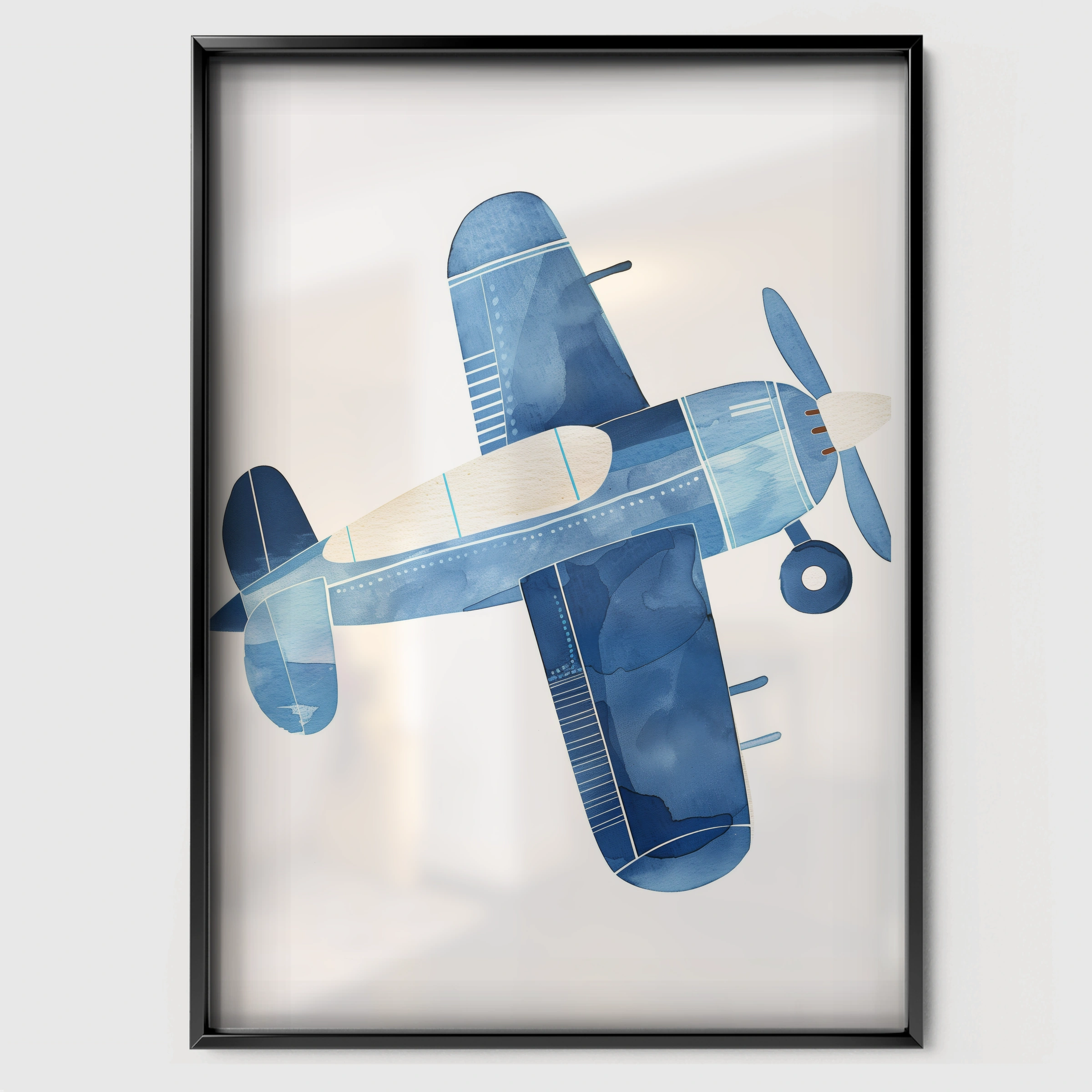 Blue Airplane Nursery Print - black framed nursery wall art print