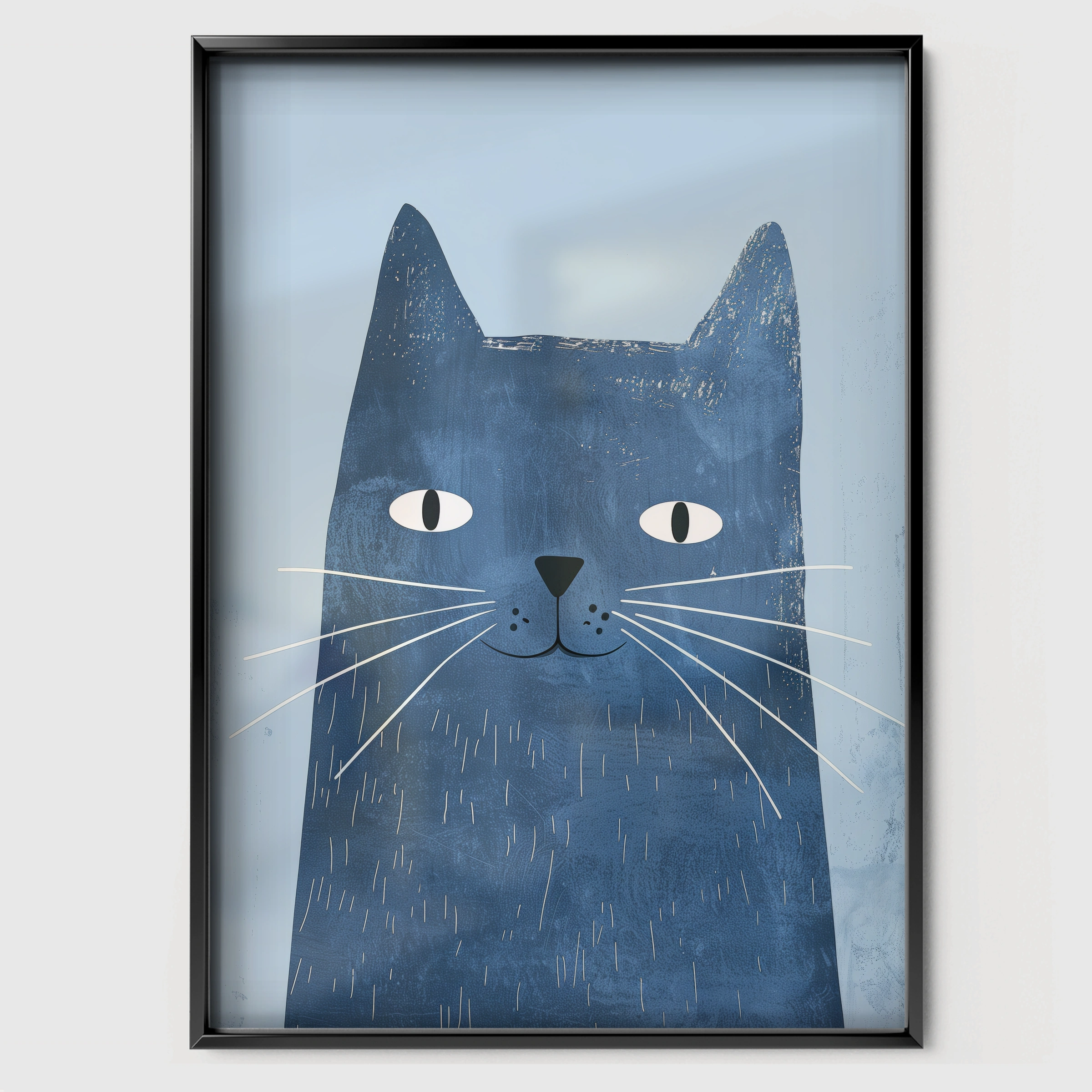 Blue Cat Nursery Print - black framed nursery wall art print