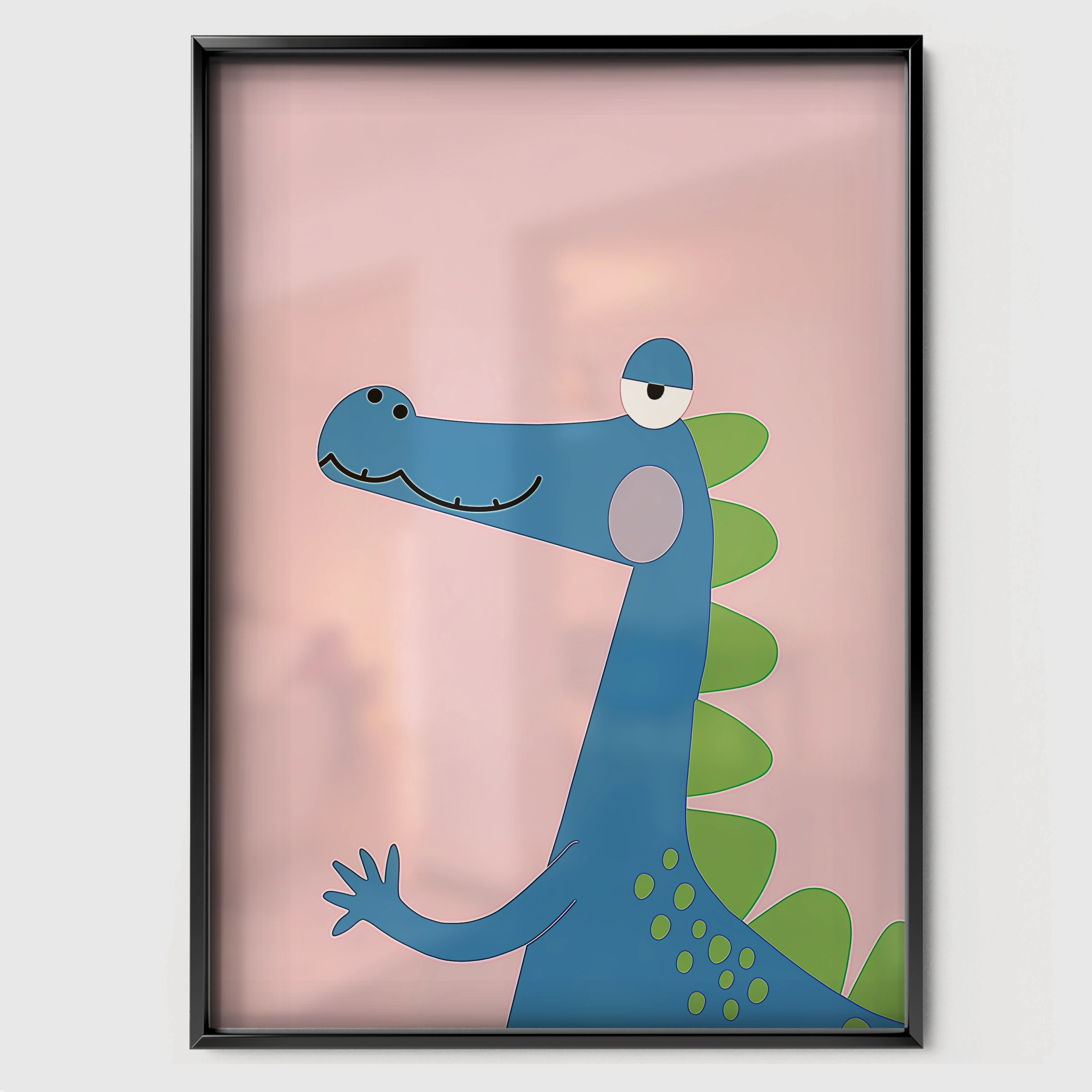 Blue Dinosaur Nursery Print - black framed nursery wall art print