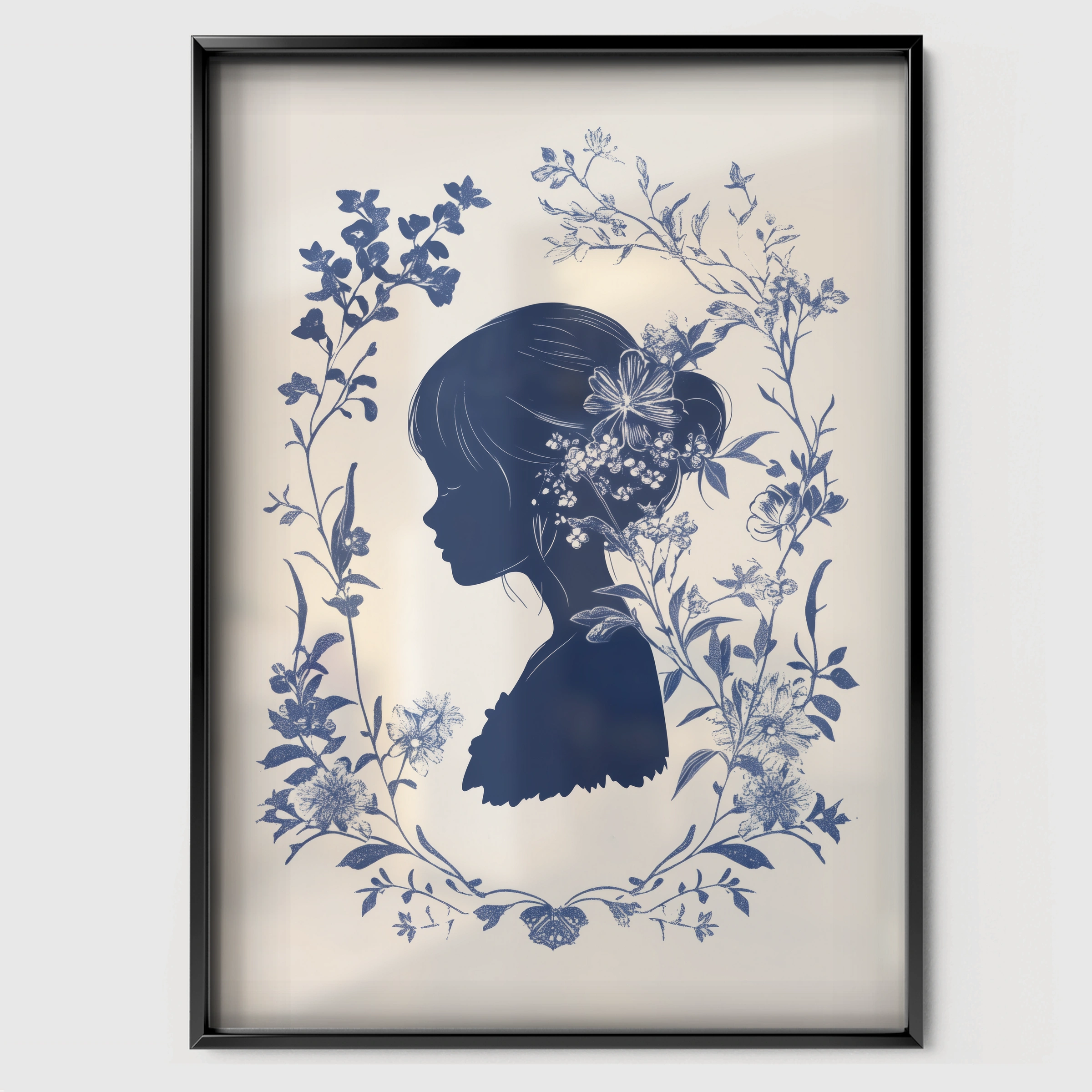 Blue Floral Silhouette Nursery Print - black framed nursery wall art print
