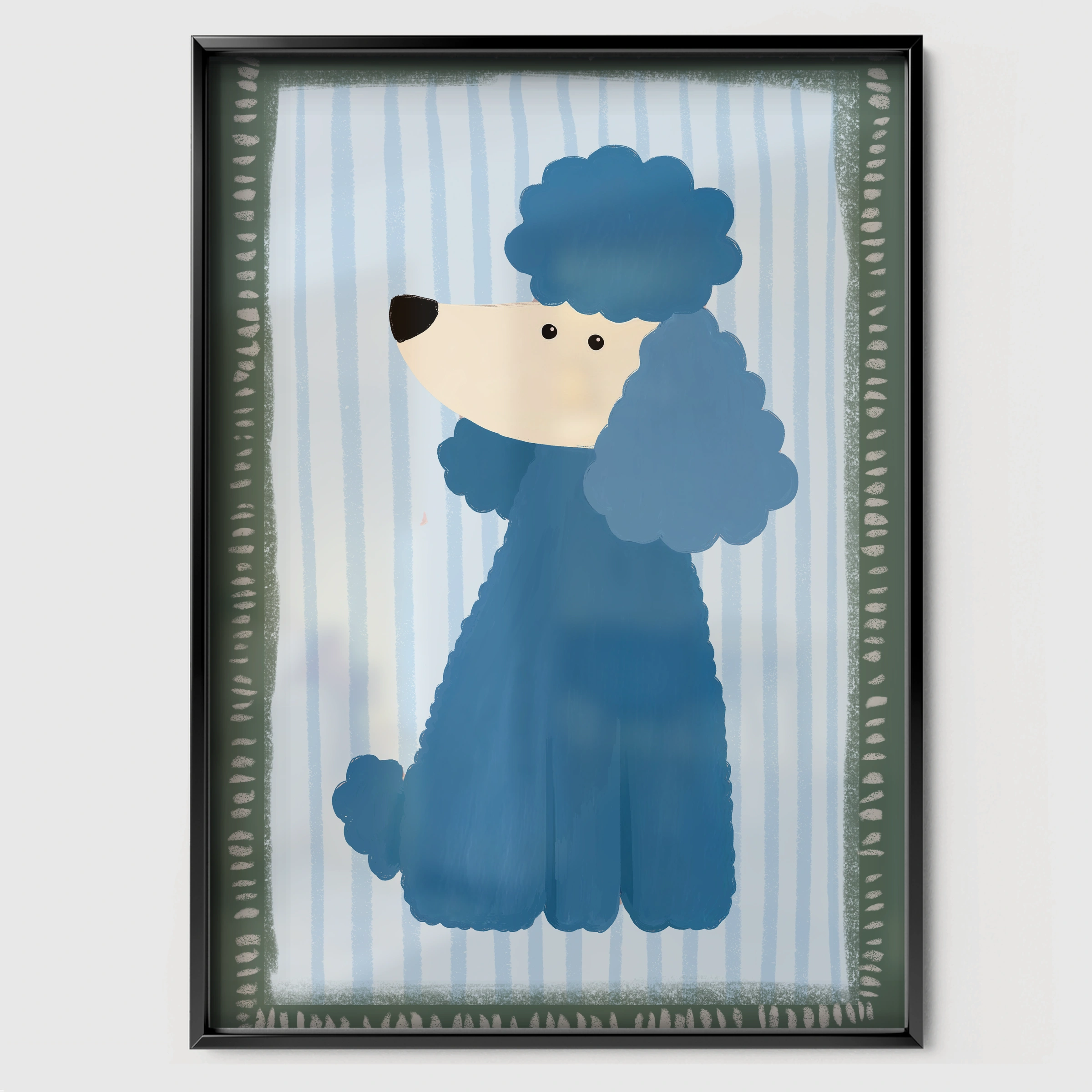 Blue Poodle Nursery Print - black framed nursery wall art print