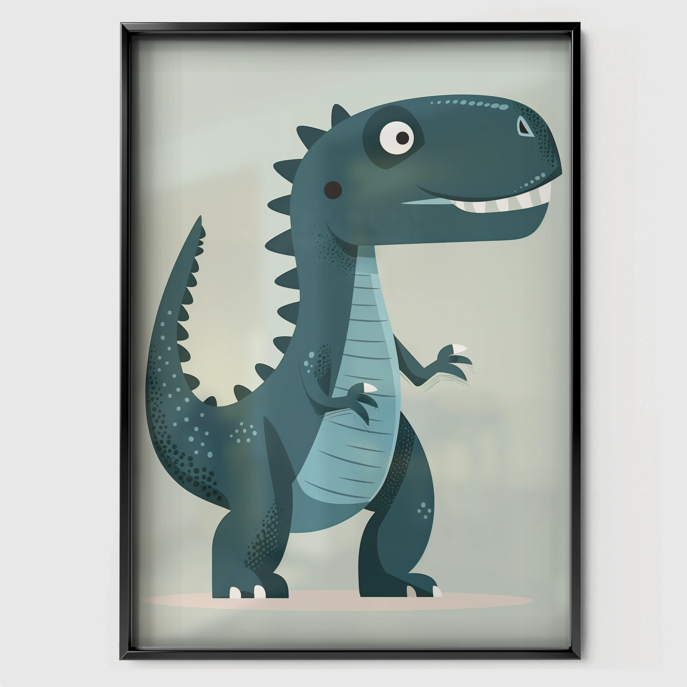 Blue T-Rex Nursery Print - black framed nursery wall art print