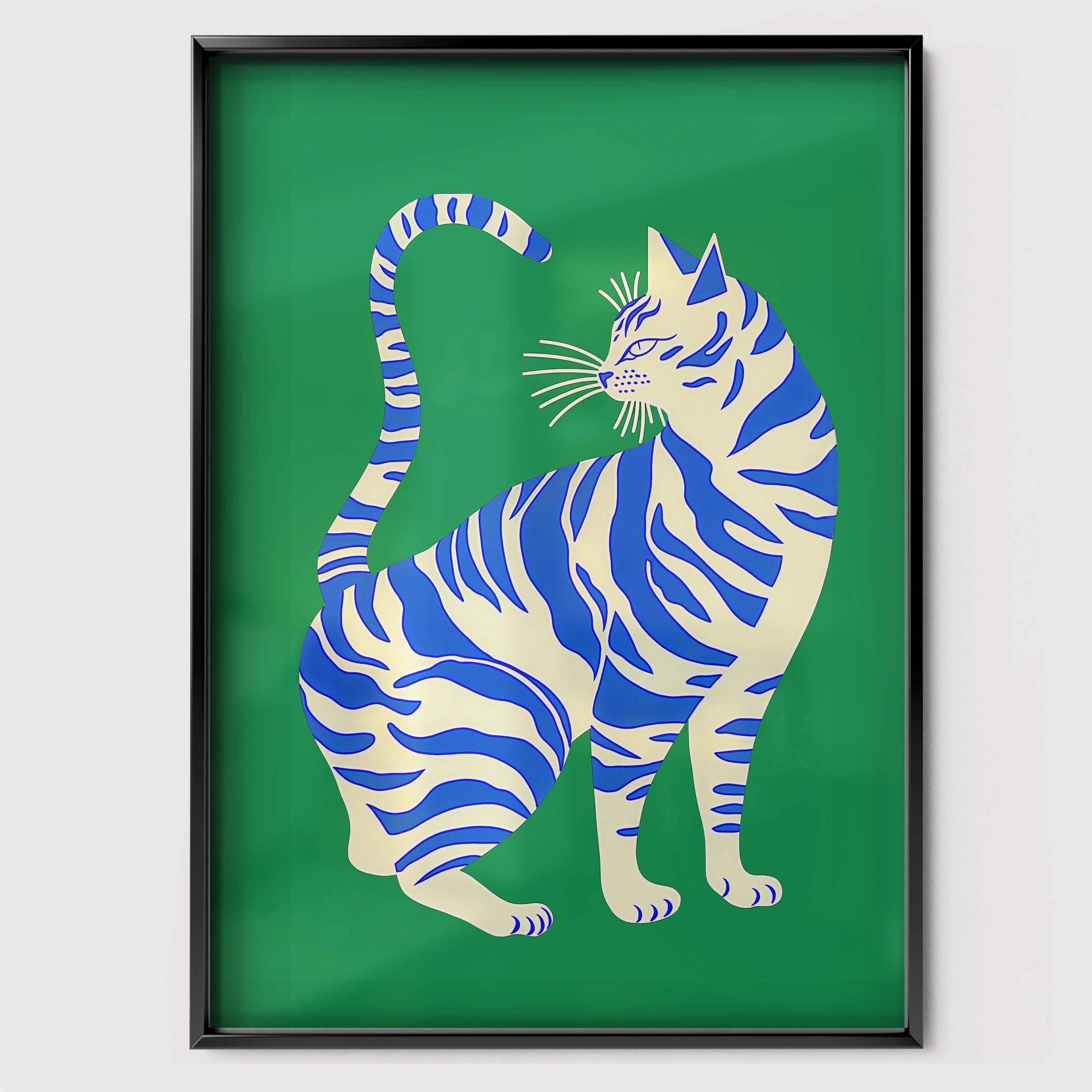Blue Tiger Cat Nursery Print - black framed nursery wall art print