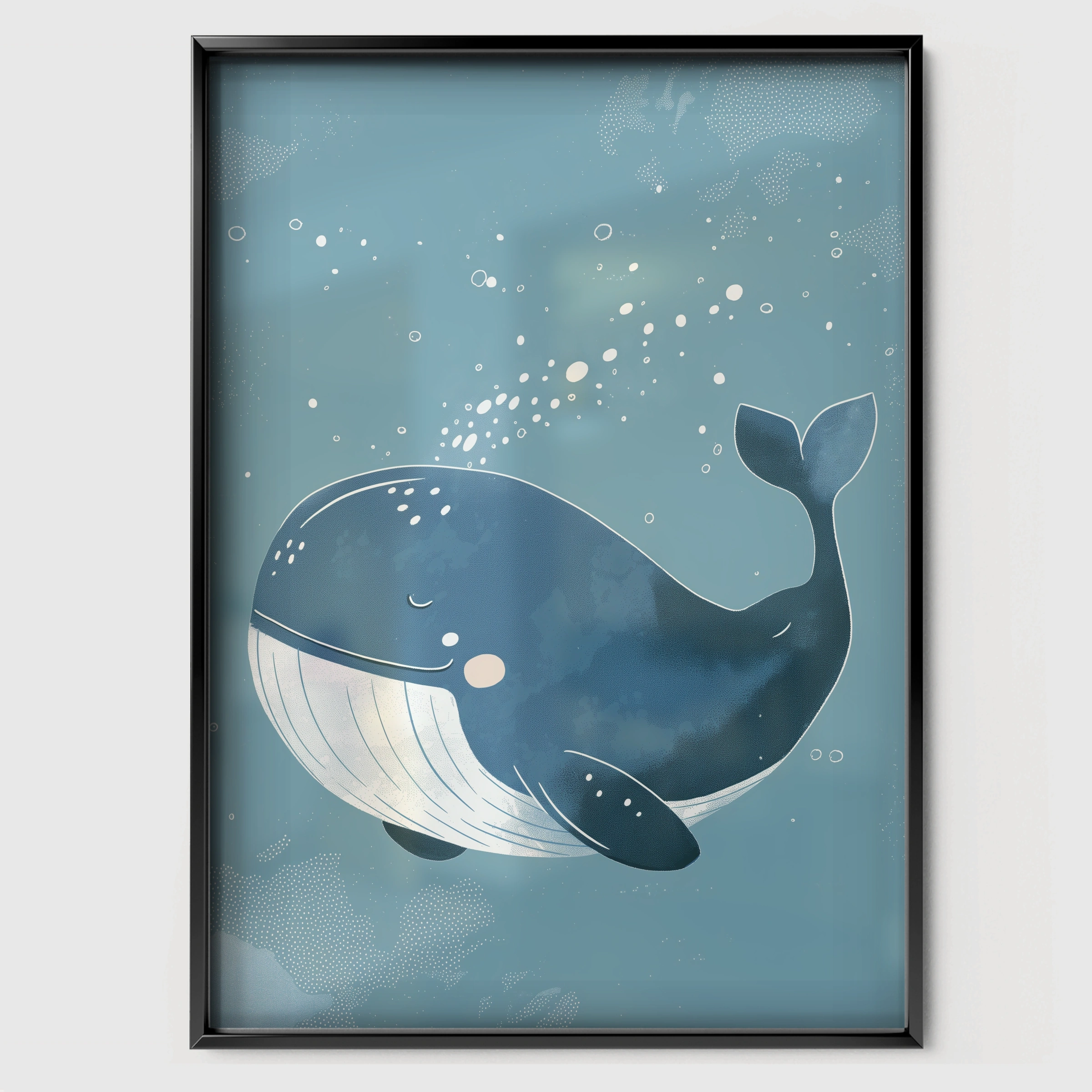Blue Whale Nursery Print - black framed nursery wall art print