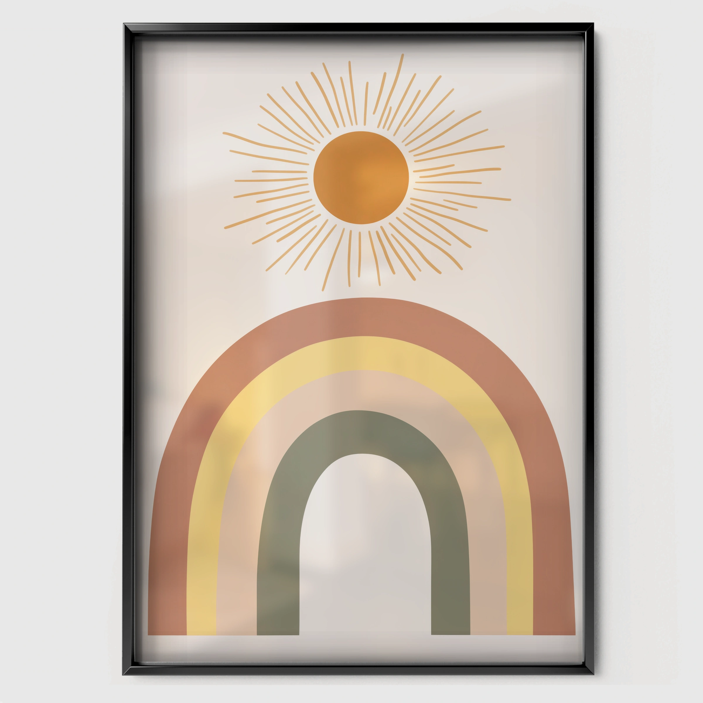 Boho Rainbow Sun Nursery Print - black framed nursery wall art print