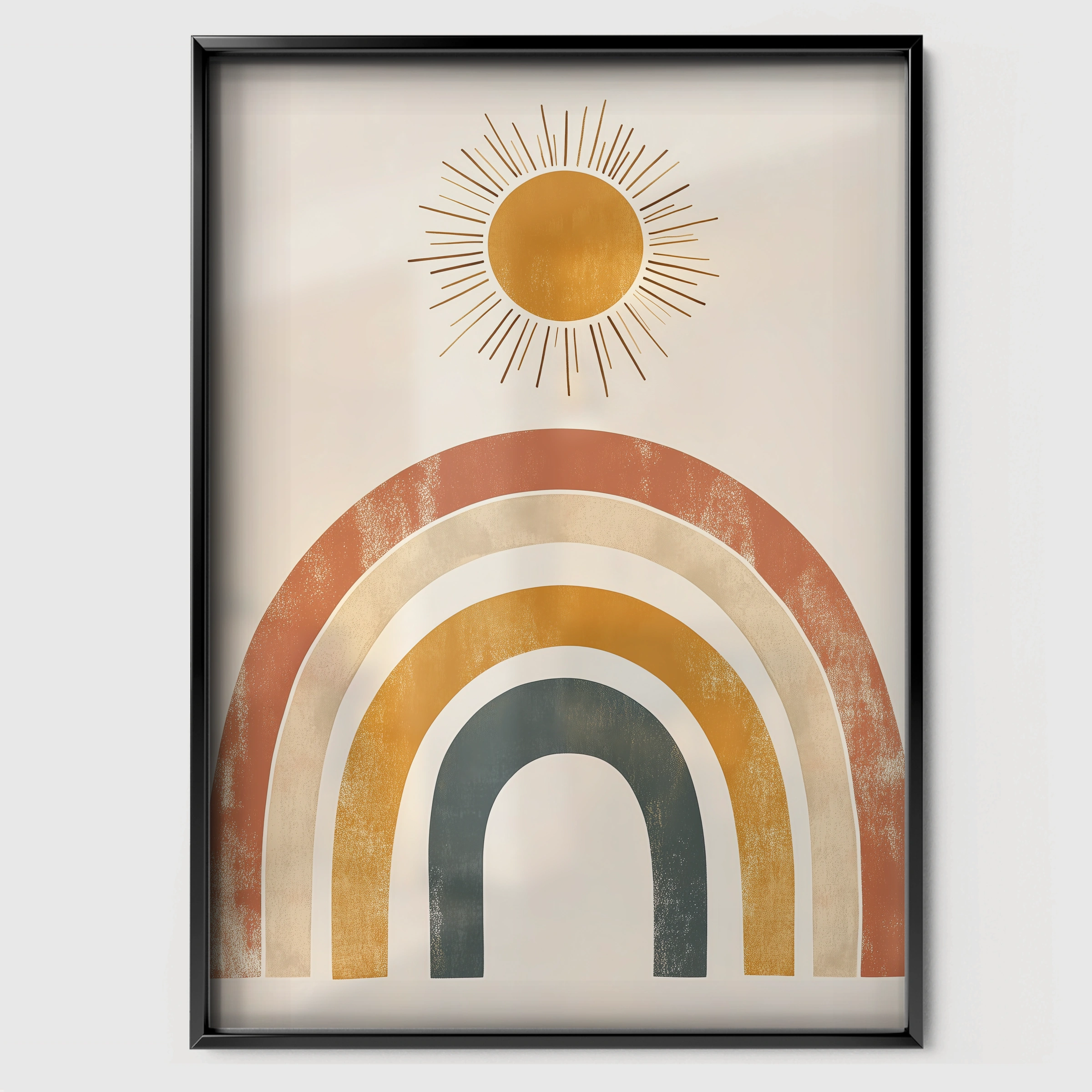 Boho Rainbow Sunrise Nursery Print - black framed nursery wall art print