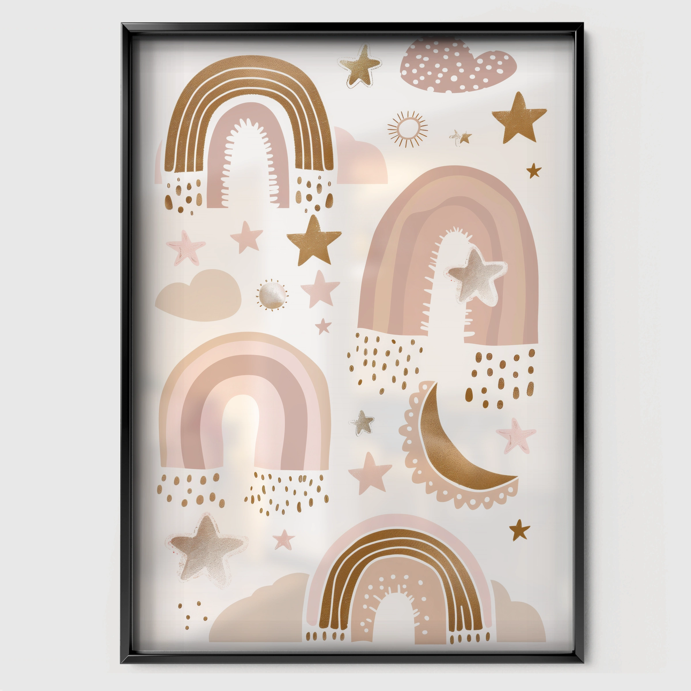 Boho Rainbows Nursery Print - black framed nursery wall art print