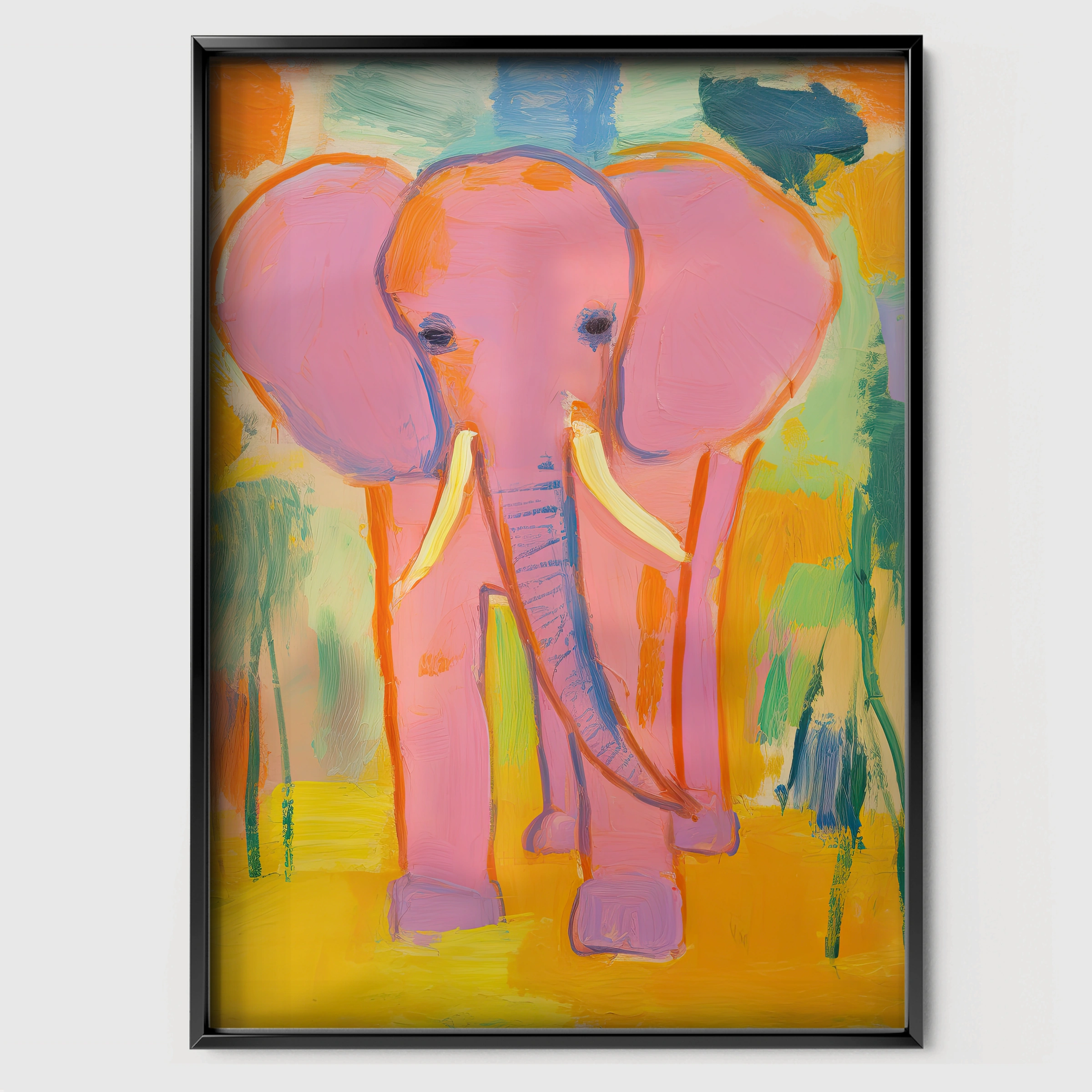 Bold Pink Elephant Nursery Print - black framed nursery wall art print