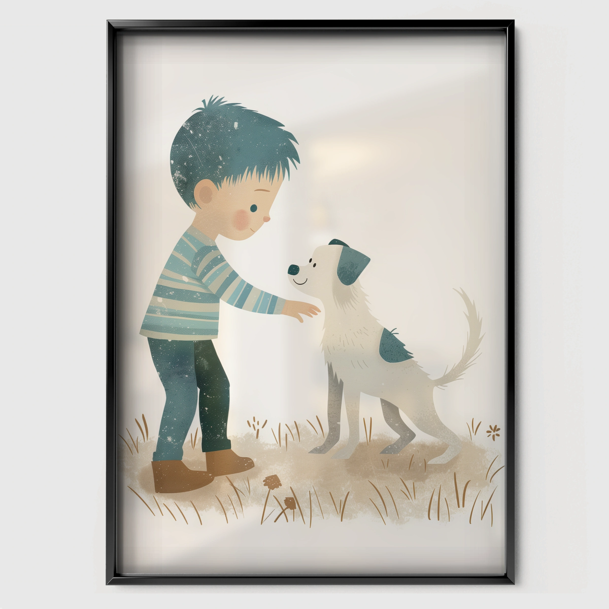 Boy and His Dog Nursery Print - black framed nursery wall art print