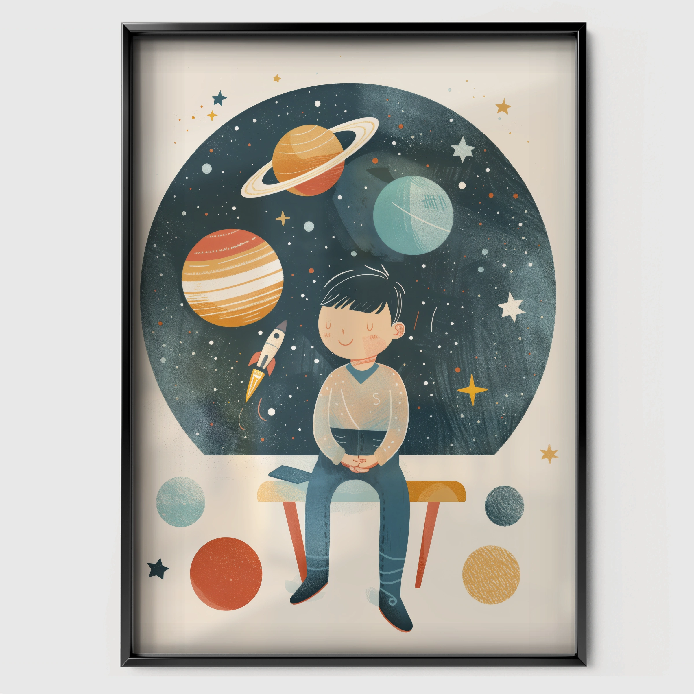 Boy and the Planets Nursery Print - black framed nursery wall art print
