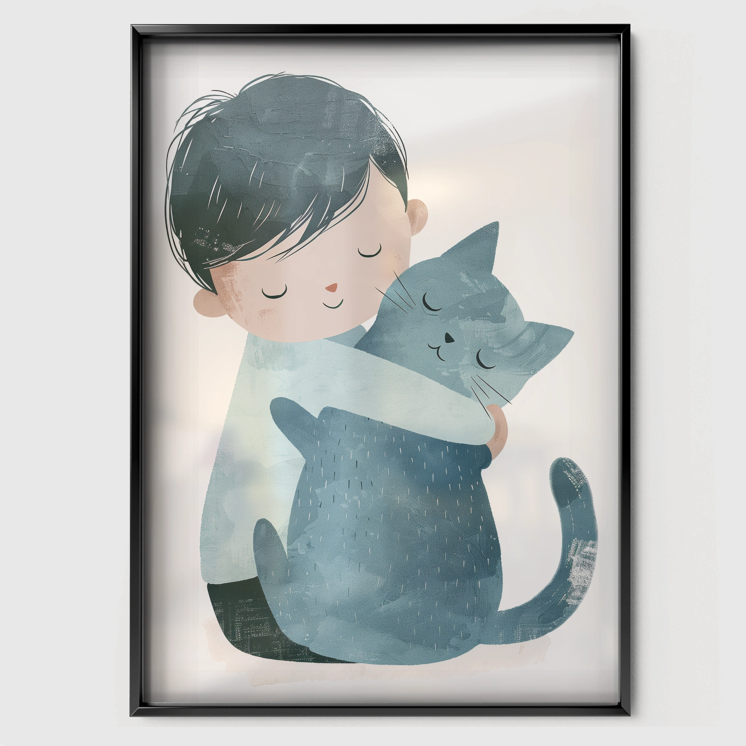 Boy Hugging a Cat Nursery Print - black framed nursery wall art print
