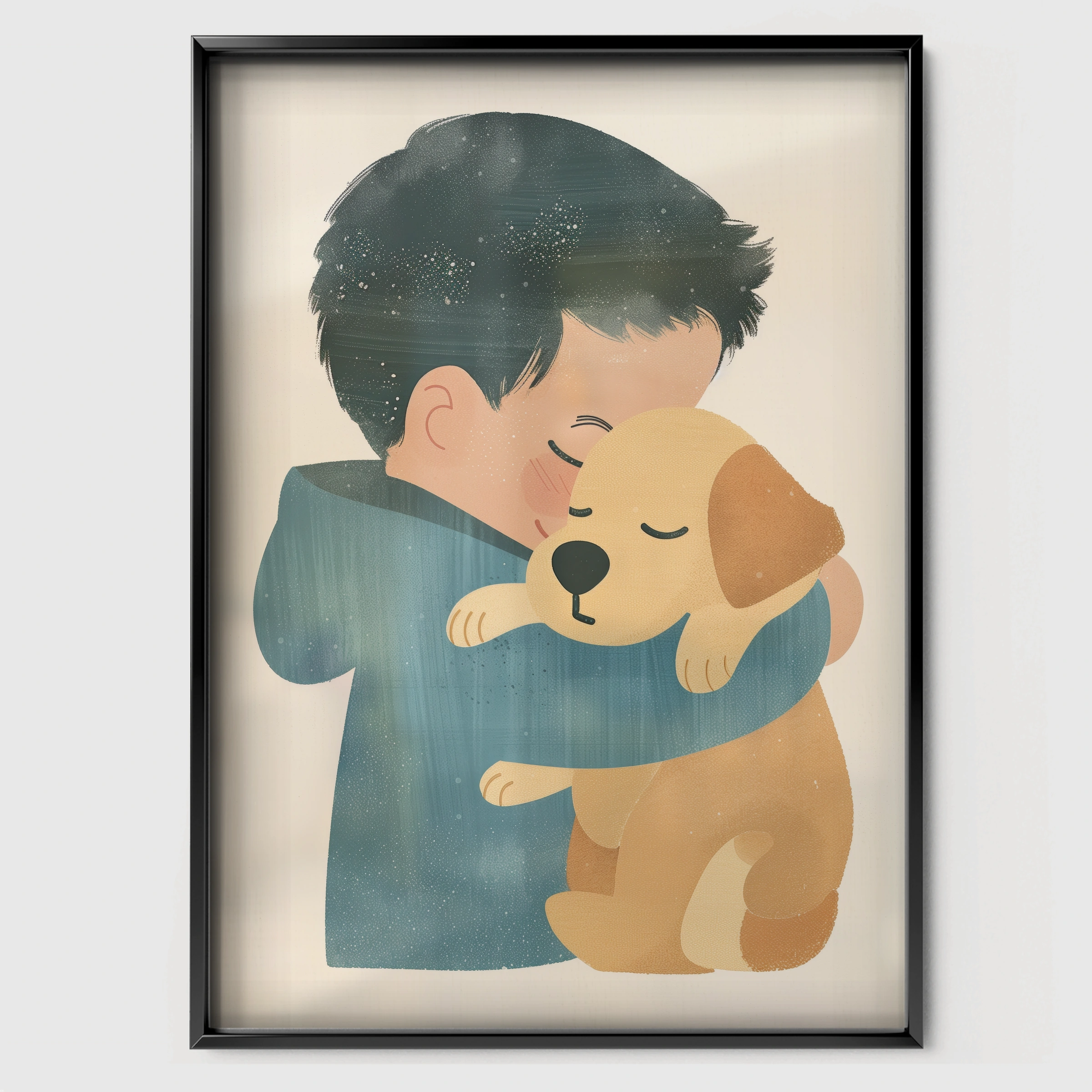Boy Hugging a Puppy Nursery Print - black framed nursery wall art print