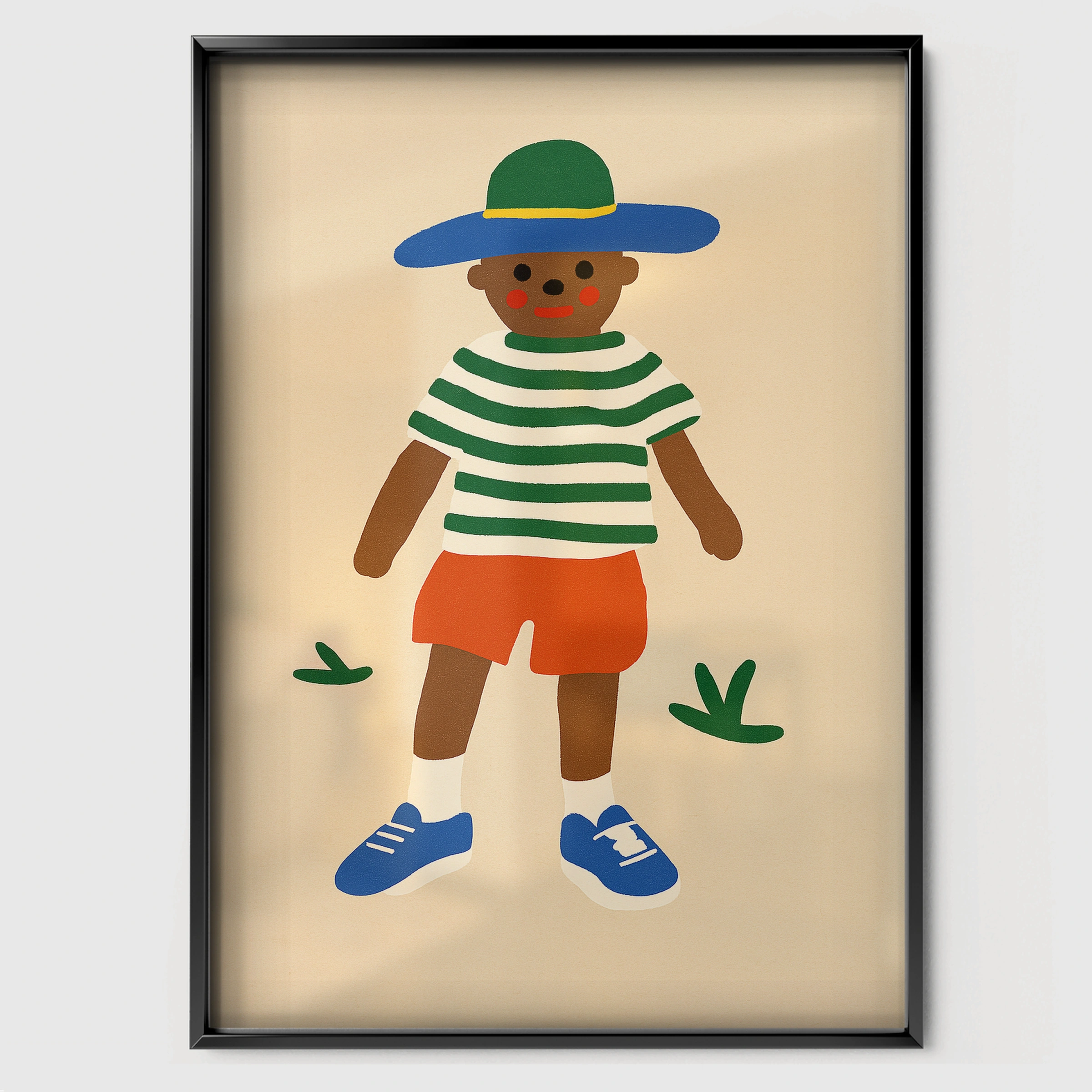 Boy in a Sun Hat Nursery Print - black framed nursery wall art print