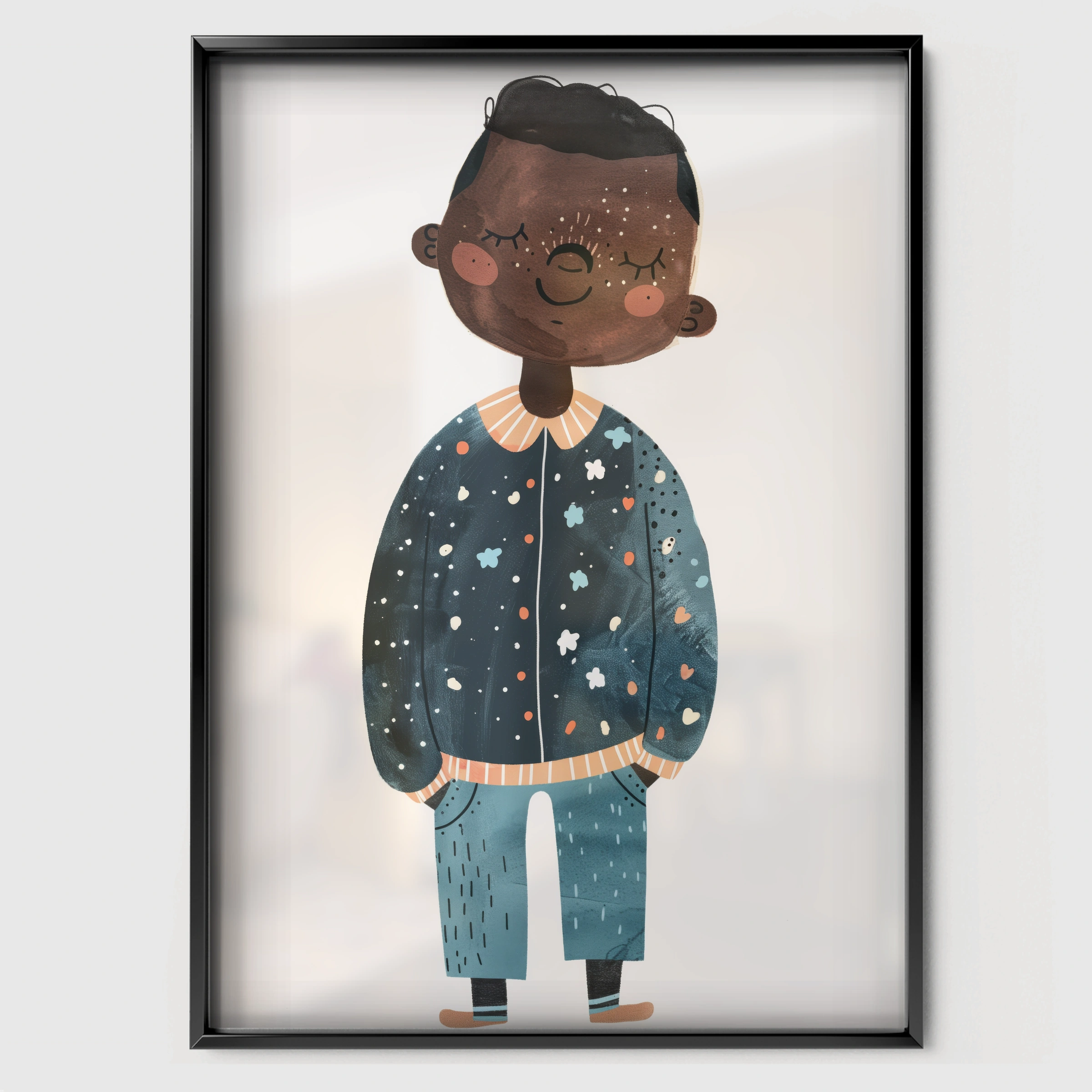 Boy in Star Pyjamas Nursery Print - black framed nursery wall art print