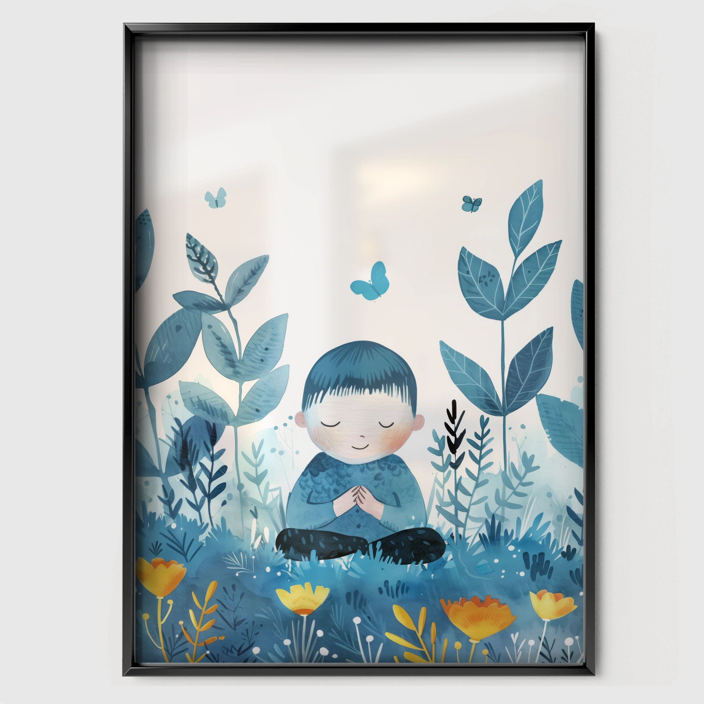 Boy in the Garden Nursery Print - black framed nursery wall art print