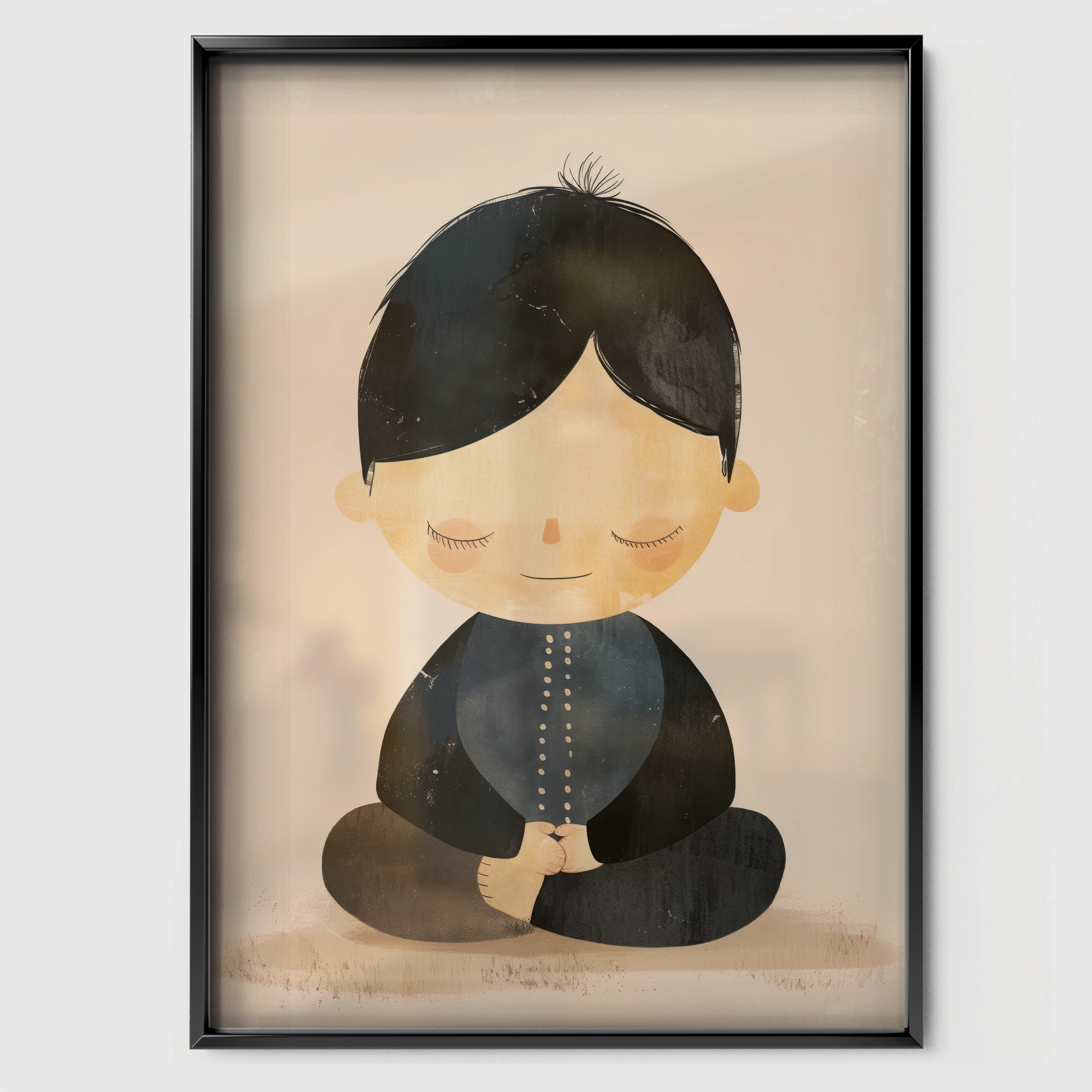 Boy Meditating Nursery Print - black framed nursery wall art print