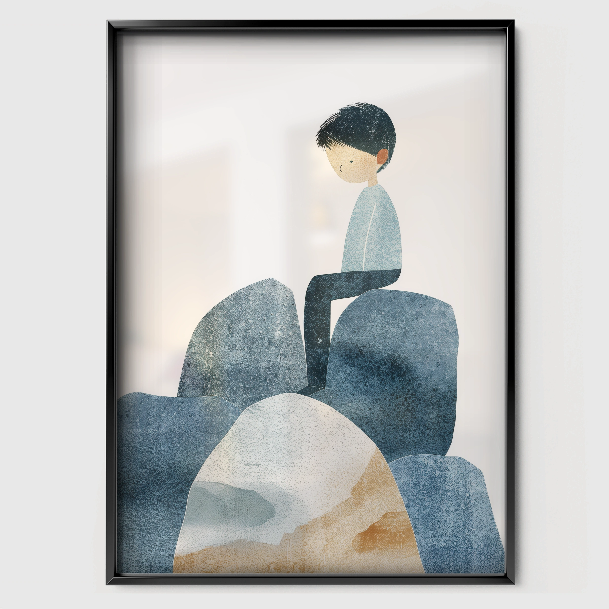 Boy on the Rocks Nursery Print - black framed nursery wall art print