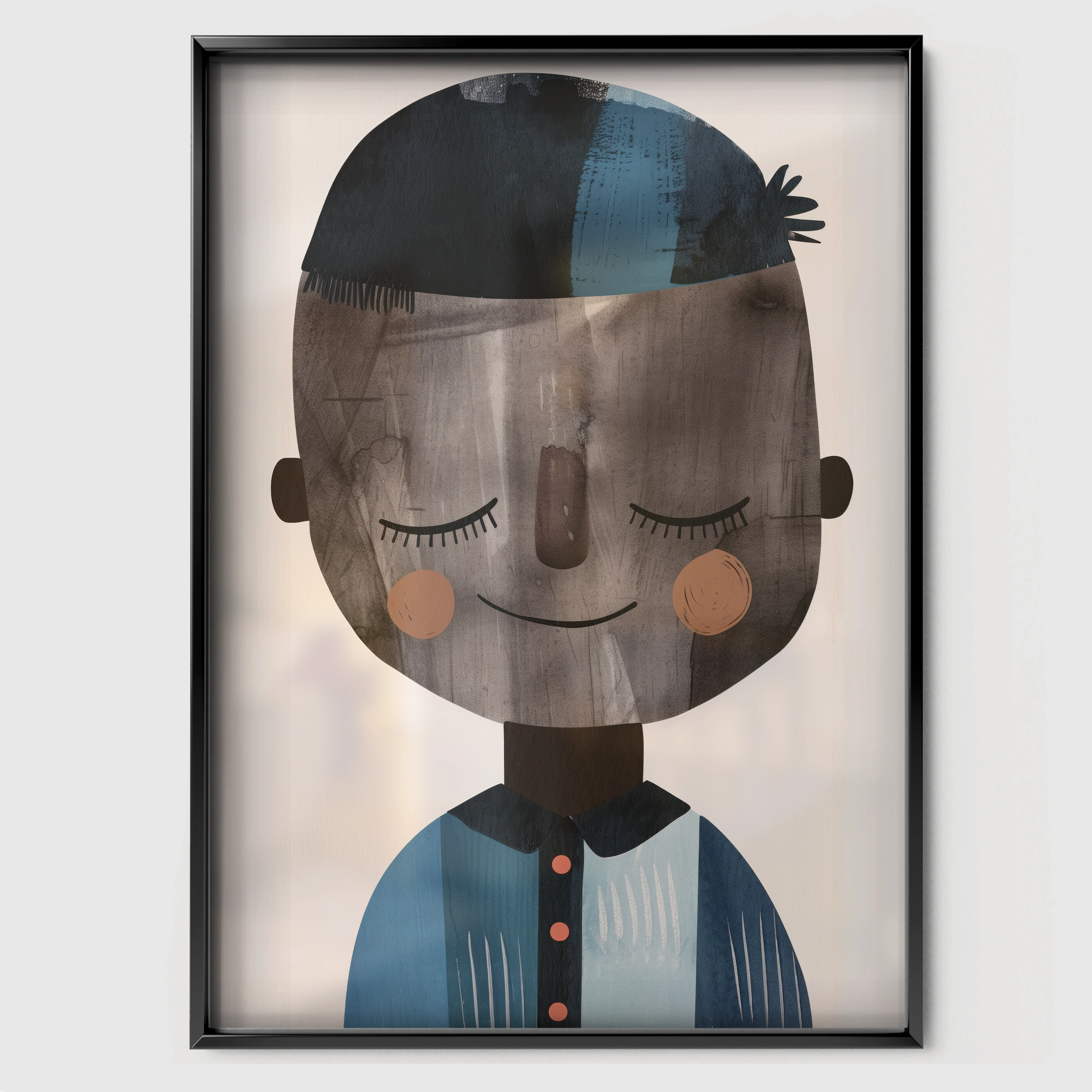 Boy Portrait Blue Nursery Print - black framed nursery wall art print