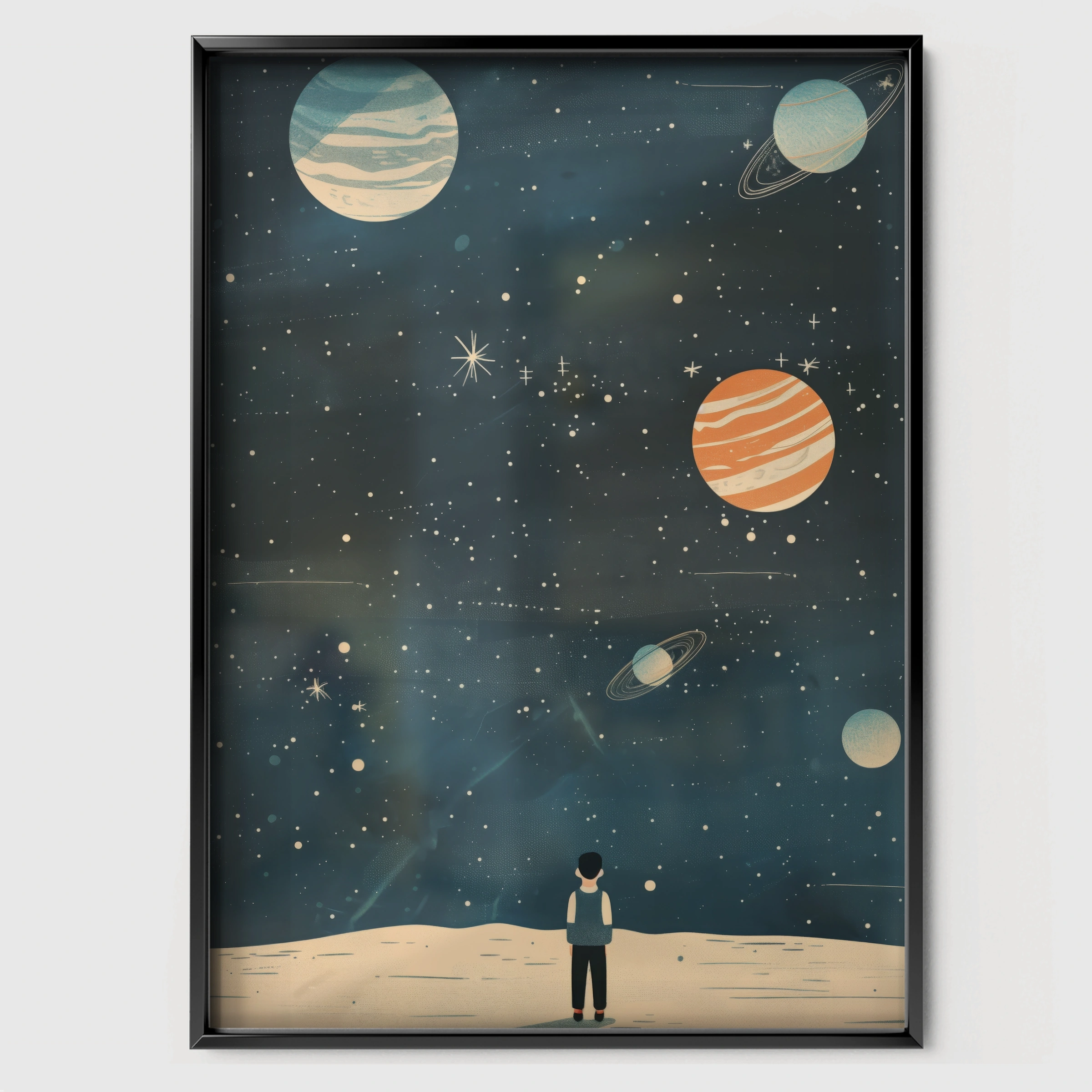 Boy Under the Planets Nursery Print - black framed nursery wall art print