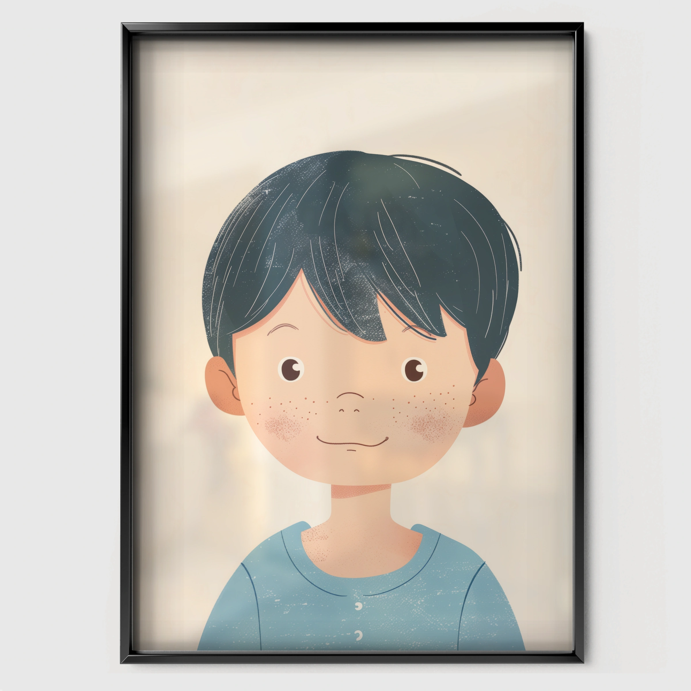 Boy with Dark Hair Nursery Print - black framed nursery wall art print