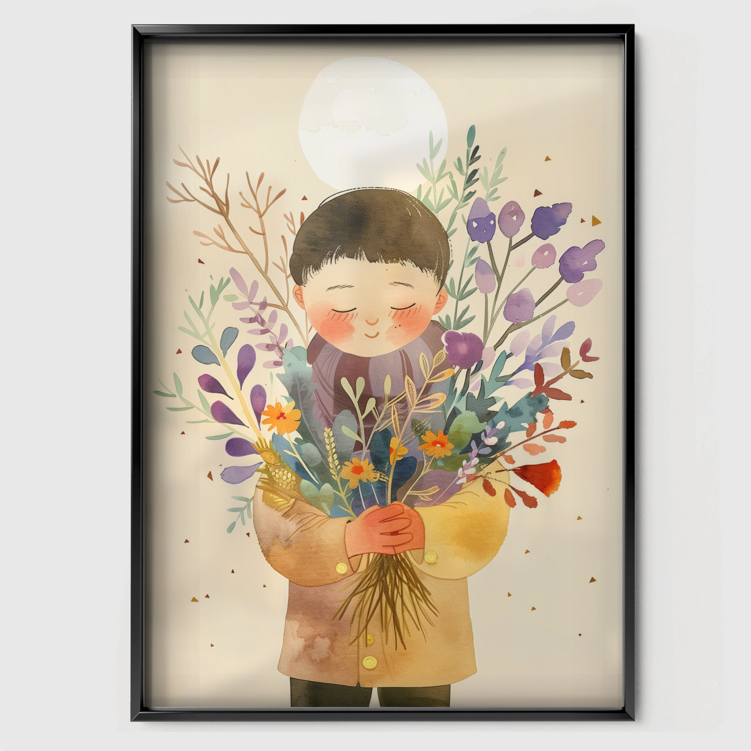 Boy with Flowers Nursery Print - black framed nursery wall art print