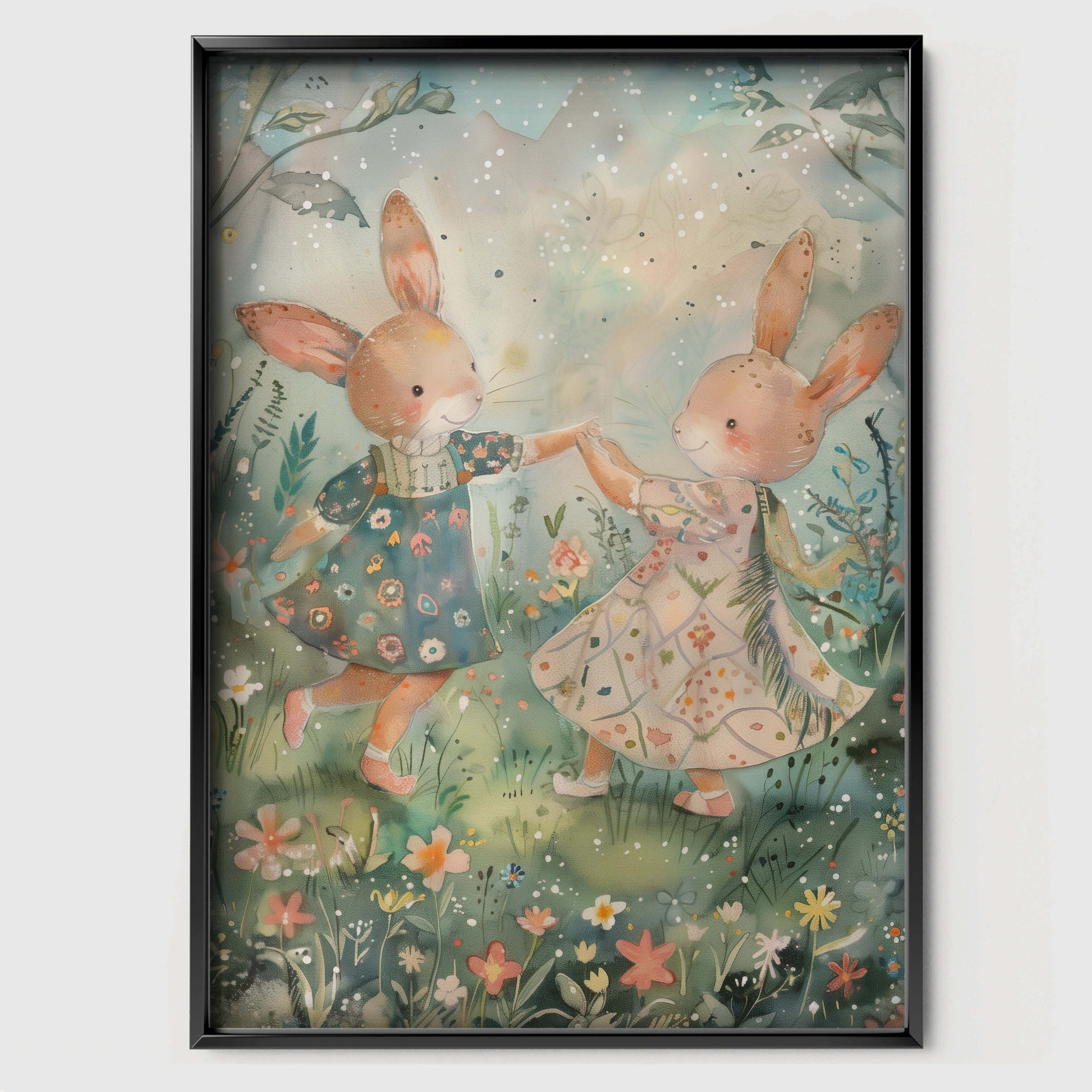Bunnies Dancing Nursery Print - black framed nursery wall art print