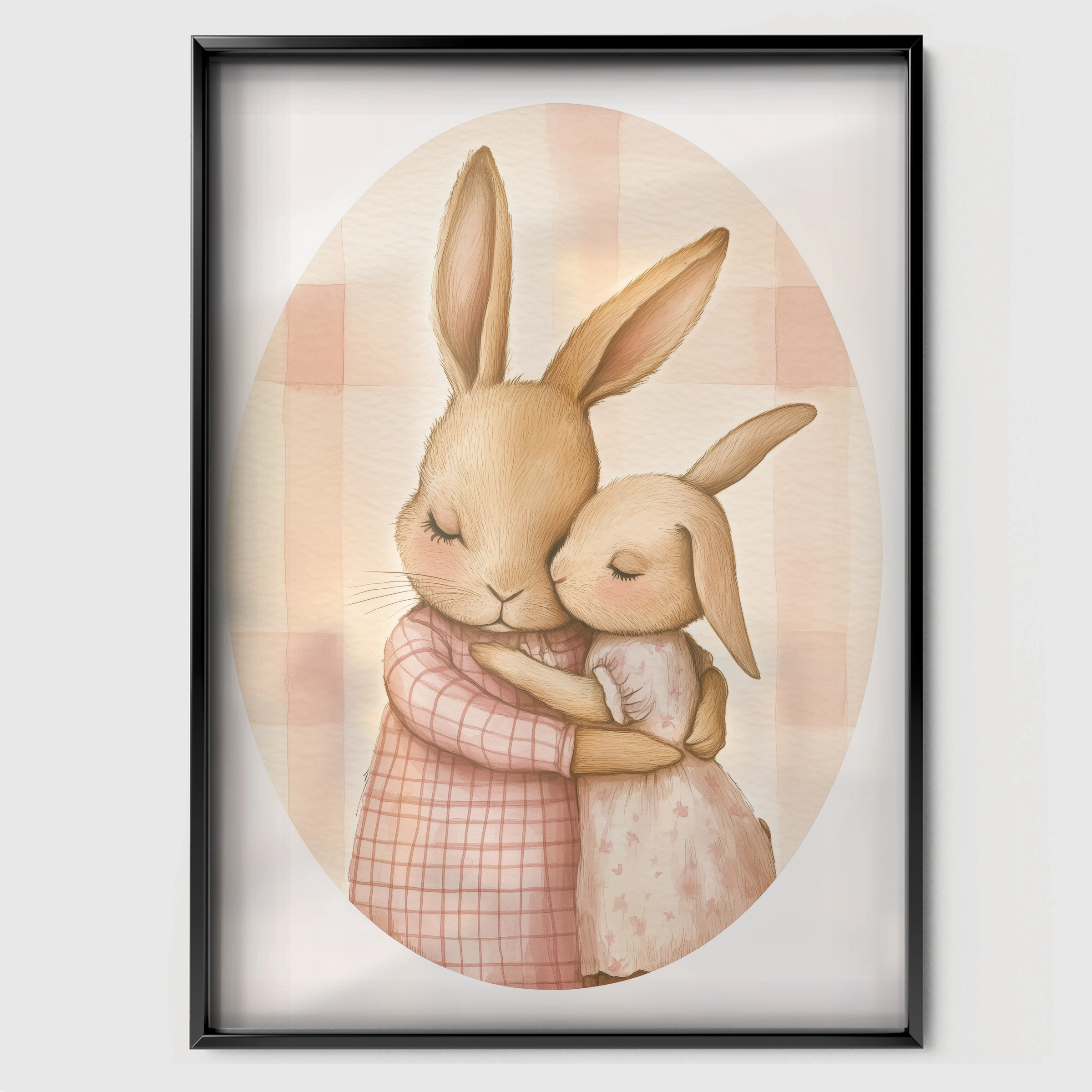 Bunnies Hugging Nursery Print - black framed nursery wall art print