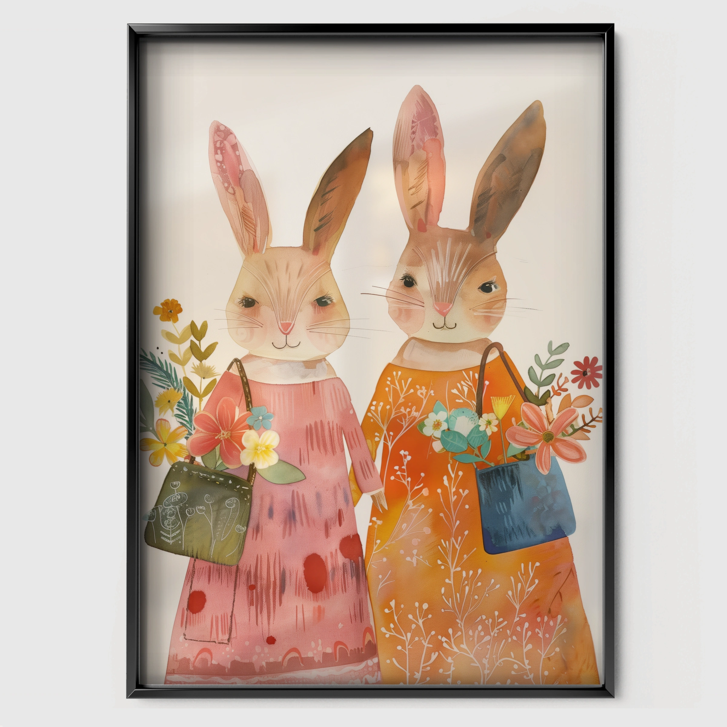 Bunnies in Dresses Nursery Print - black framed nursery wall art print