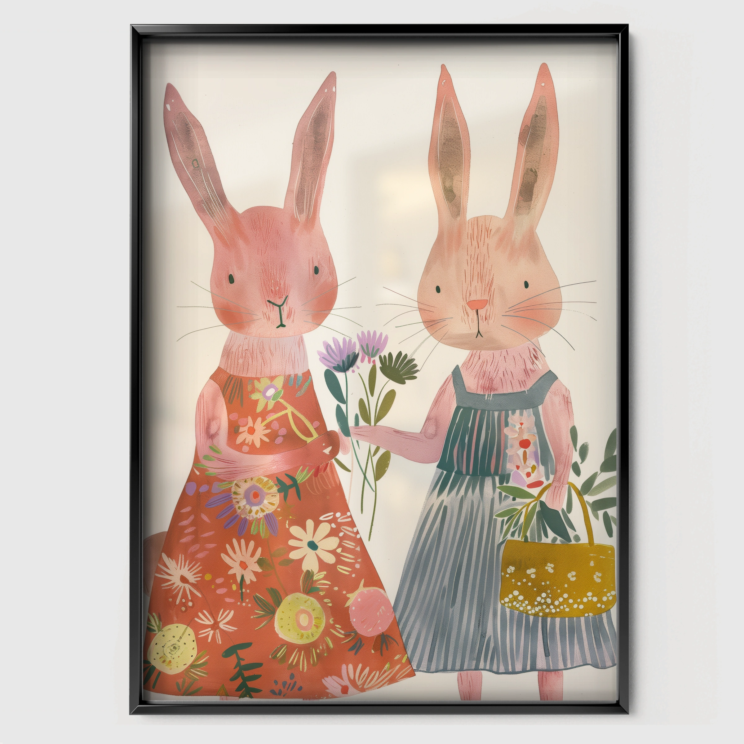 Bunnies with Flowers Nursery Print - black framed nursery wall art print