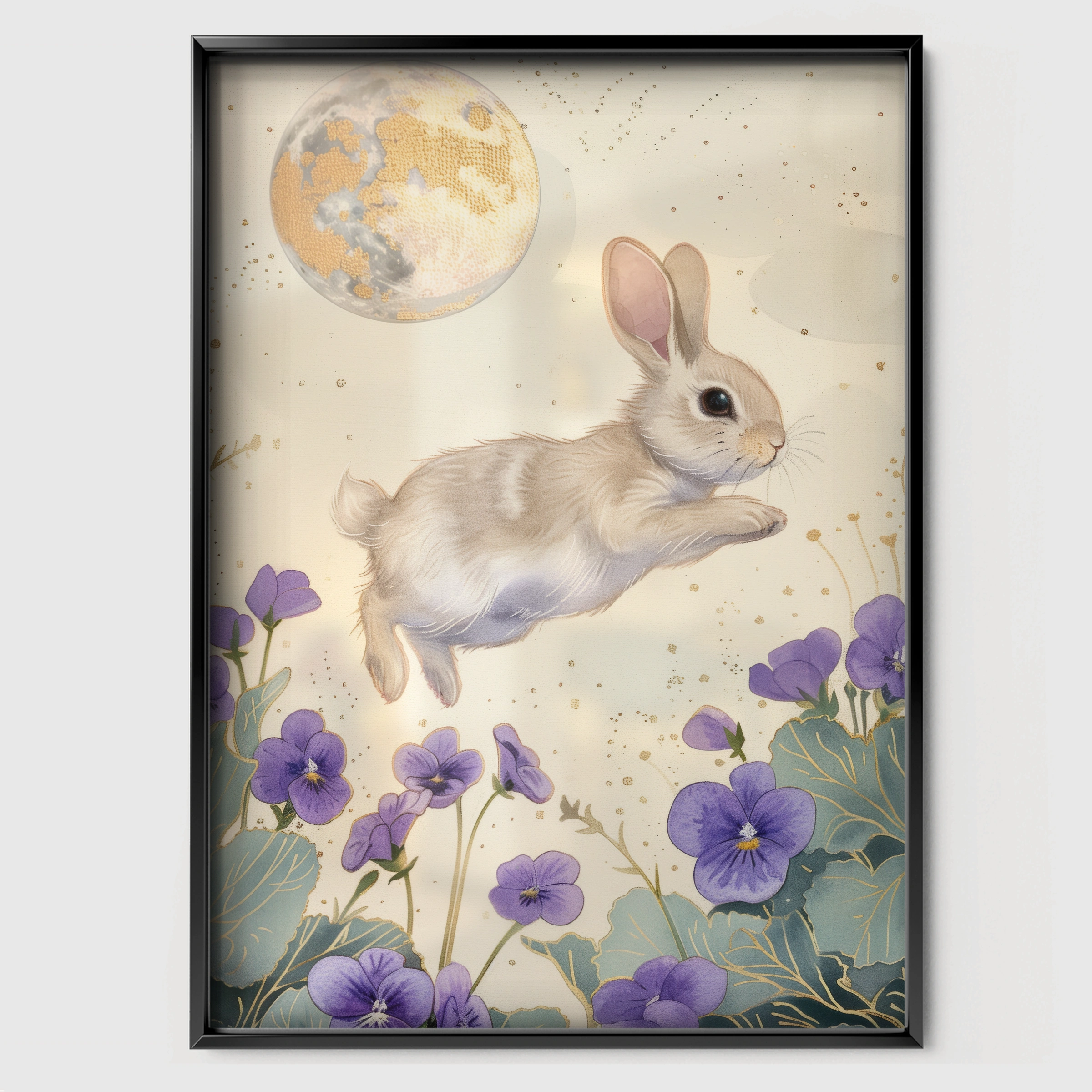 Bunny and the Moon Nursery Print - black framed nursery wall art print