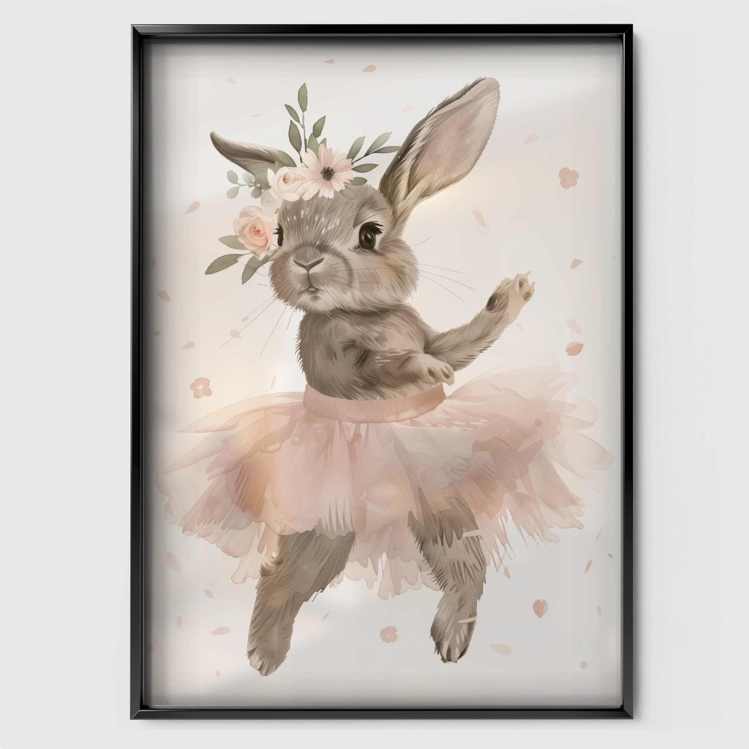 Bunny Ballerina with Flowers Nursery Print - black framed nursery wall art print