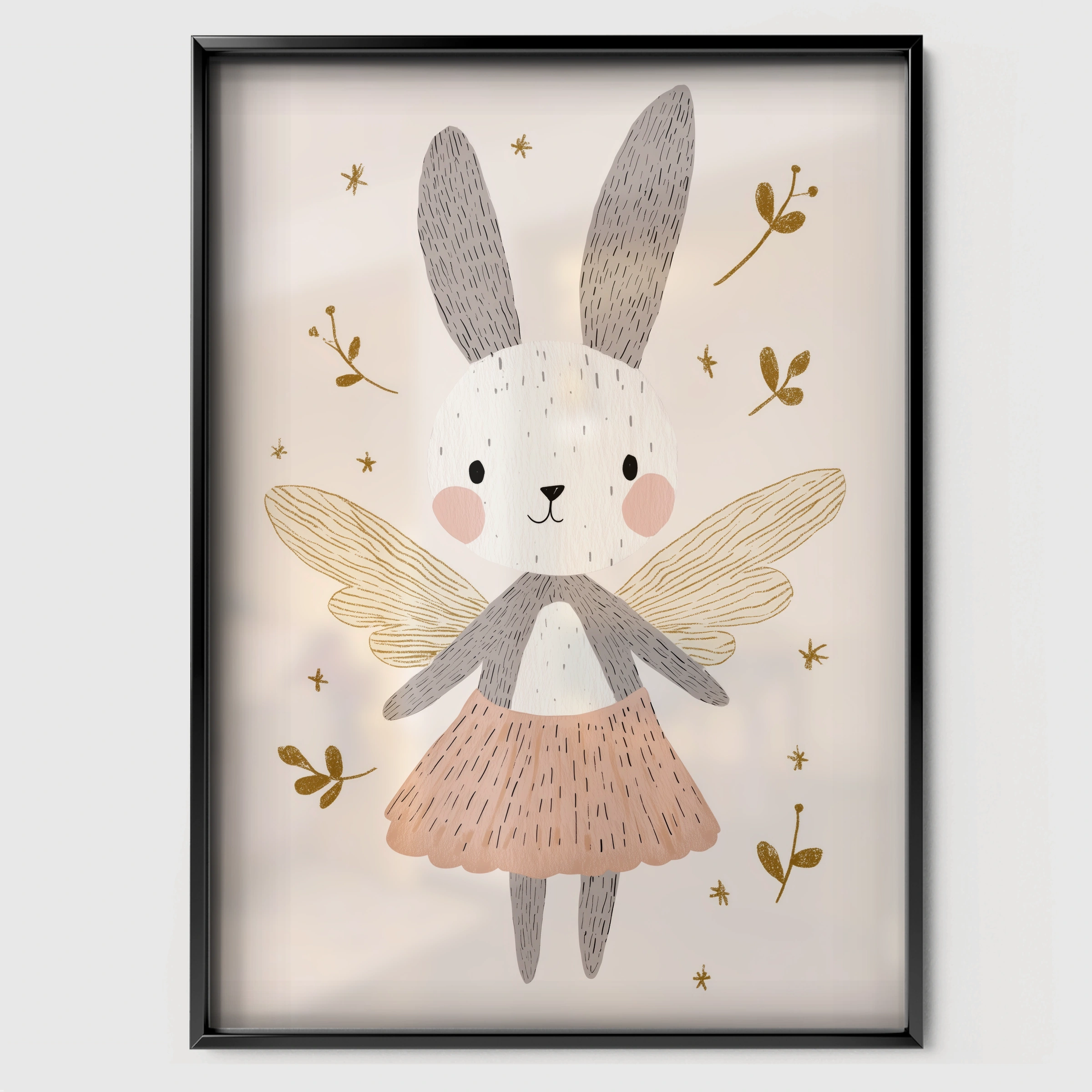Bunny Fairy Nursery Print - black framed nursery wall art print