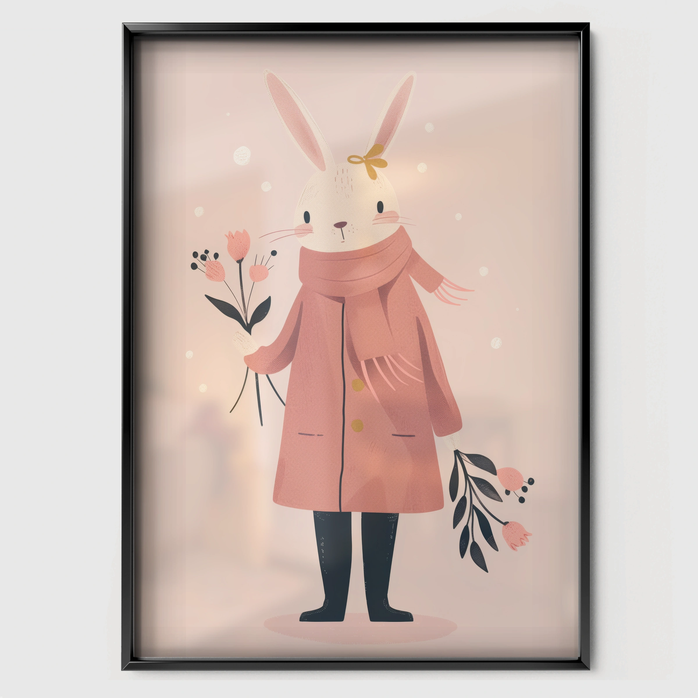 Bunny in a Coat Nursery Print - black framed nursery wall art print