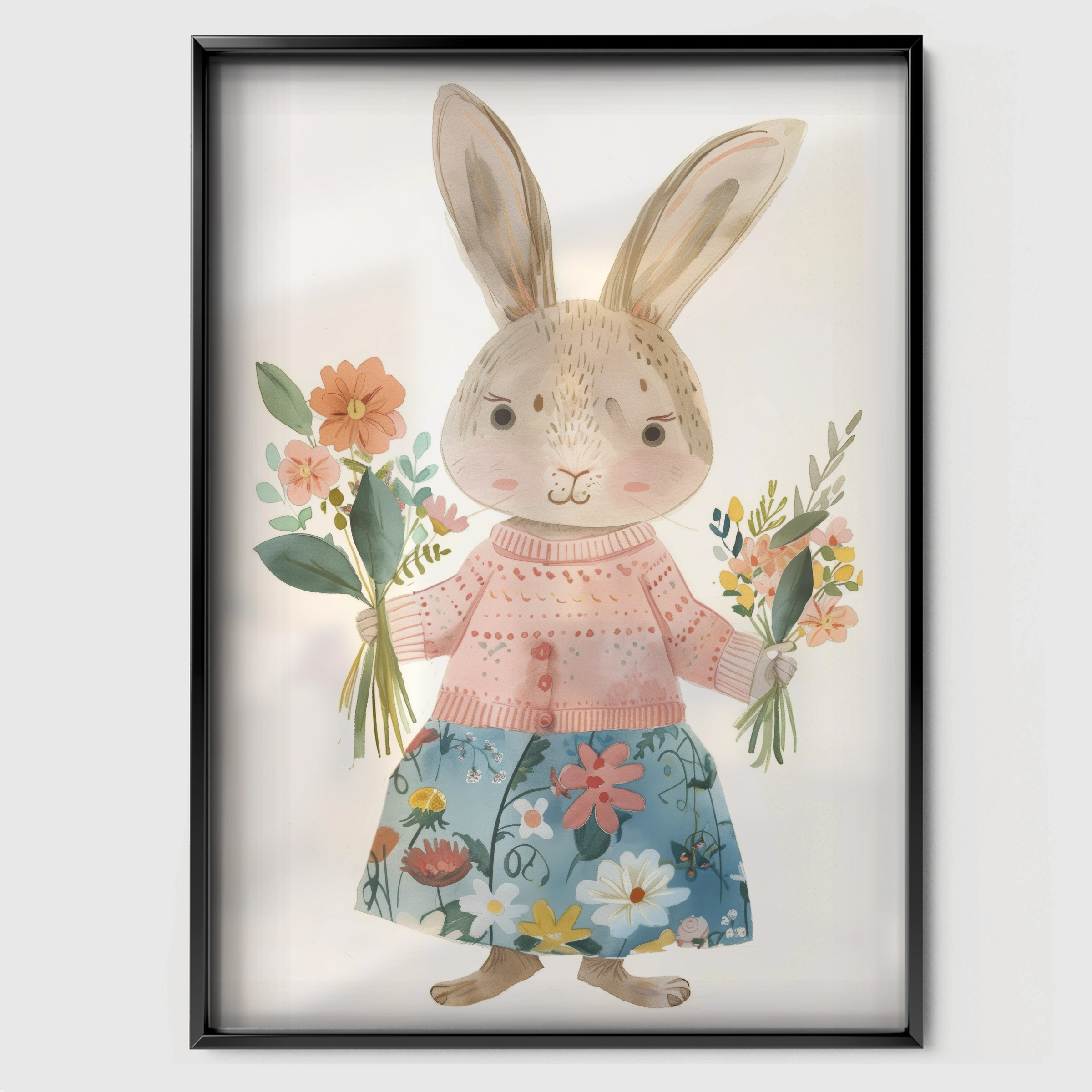 Bunny in a Dress Two Nursery Print - black framed nursery wall art print