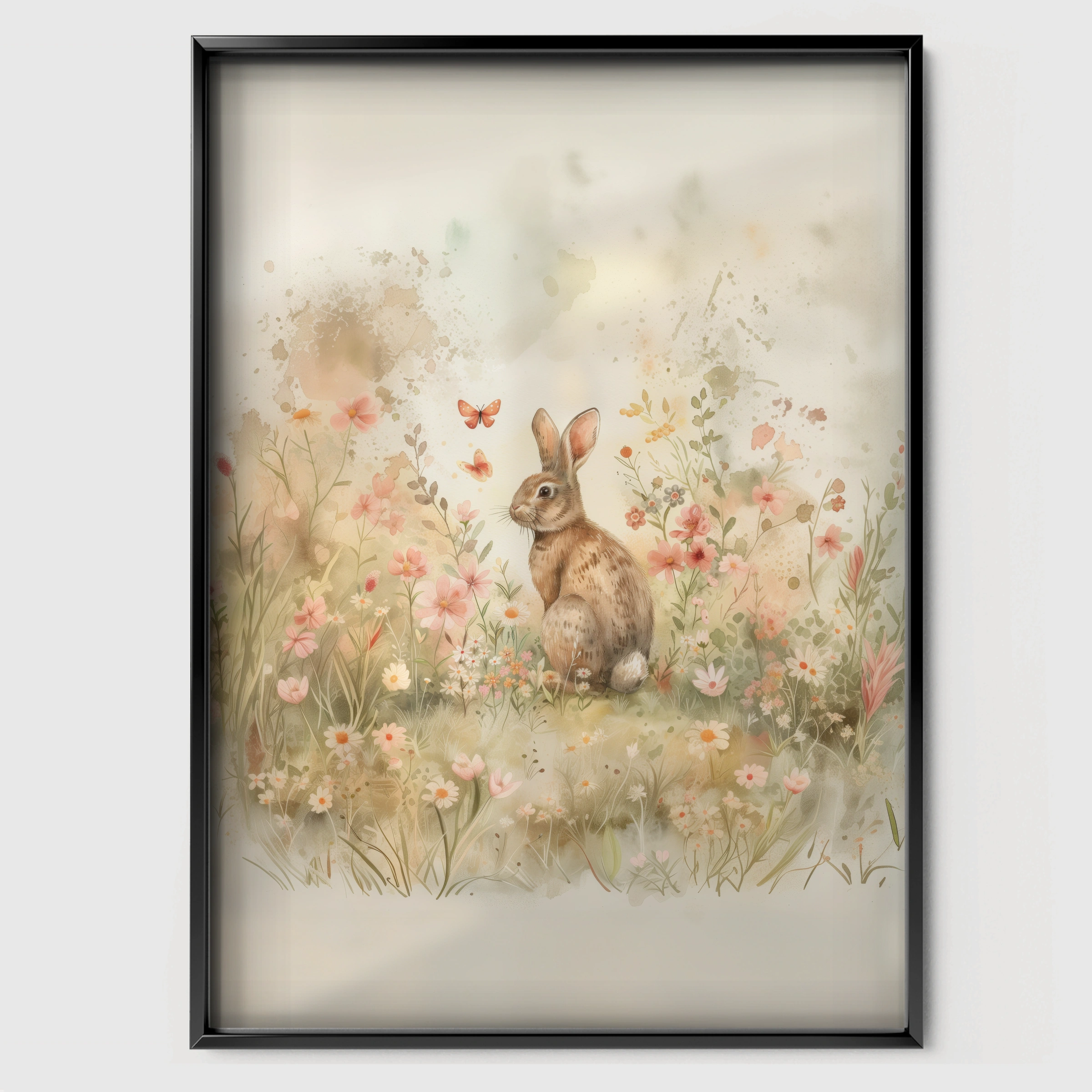 Bunny in a Meadow Nursery Print - black framed nursery wall art print
