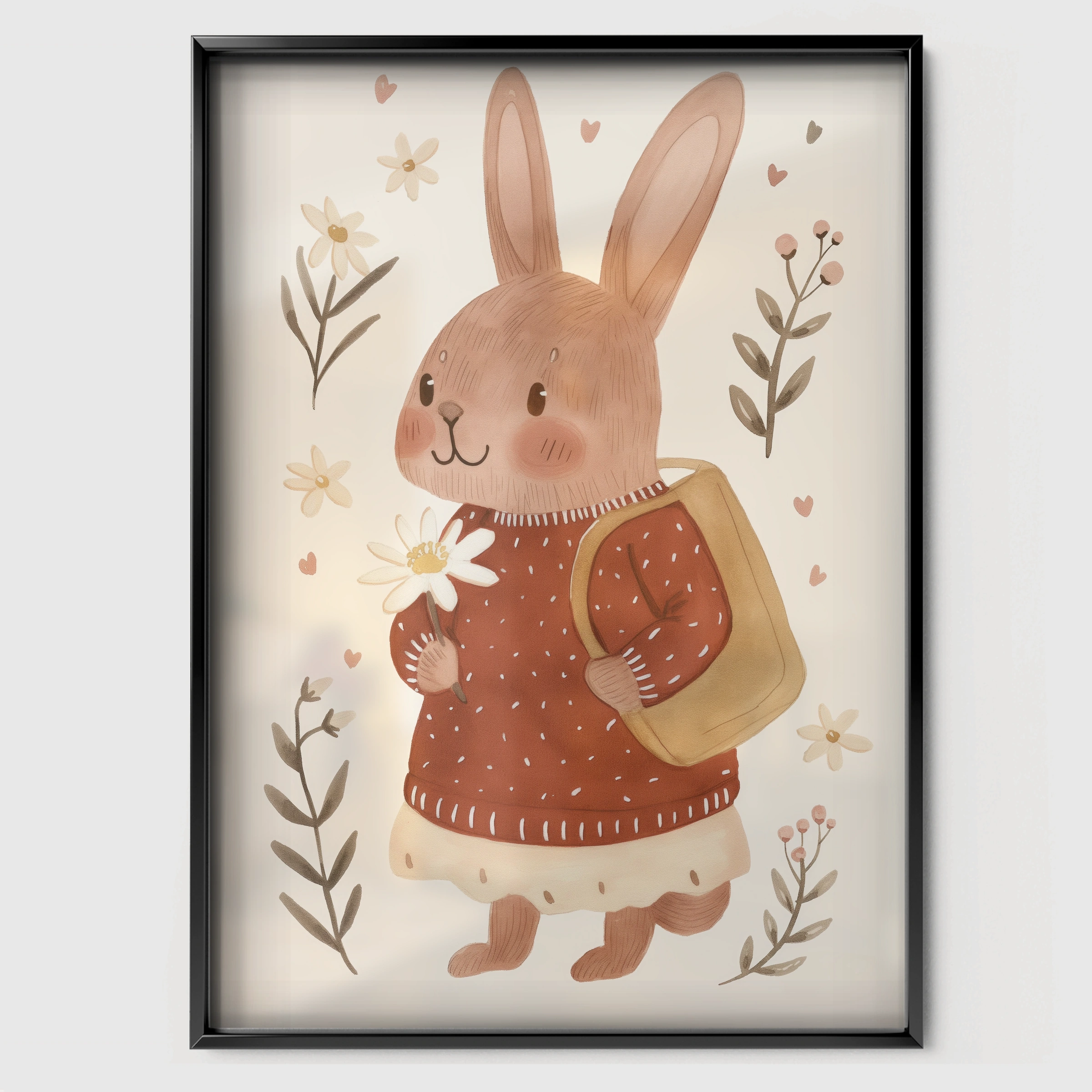 Bunny in a Pinafore Nursery Print - black framed nursery wall art print