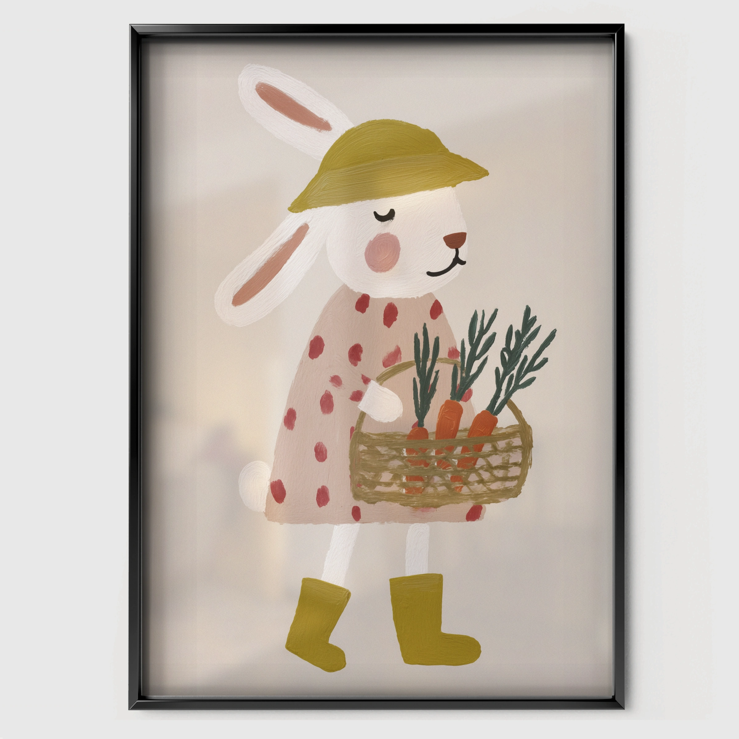 Bunny in a Raincoat Nursery Print - black framed nursery wall art print