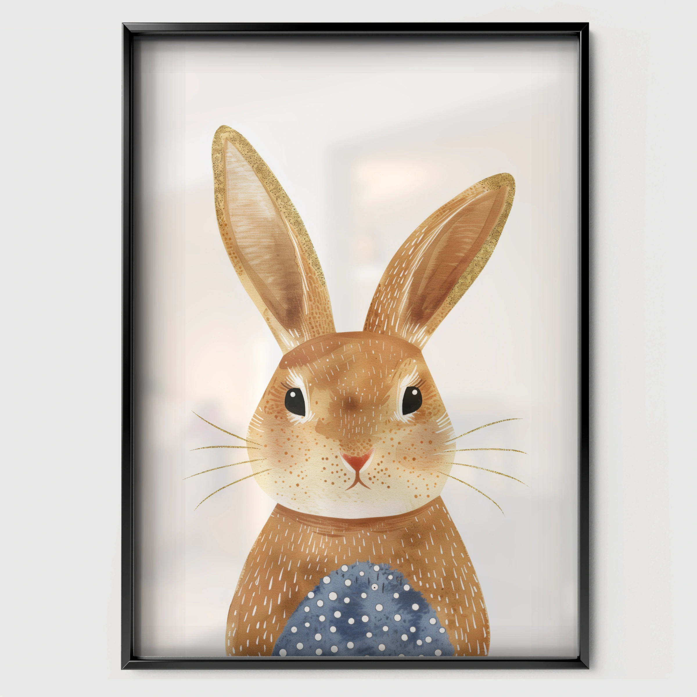 Bunny in Blue Nursery Print - black framed nursery wall art print
