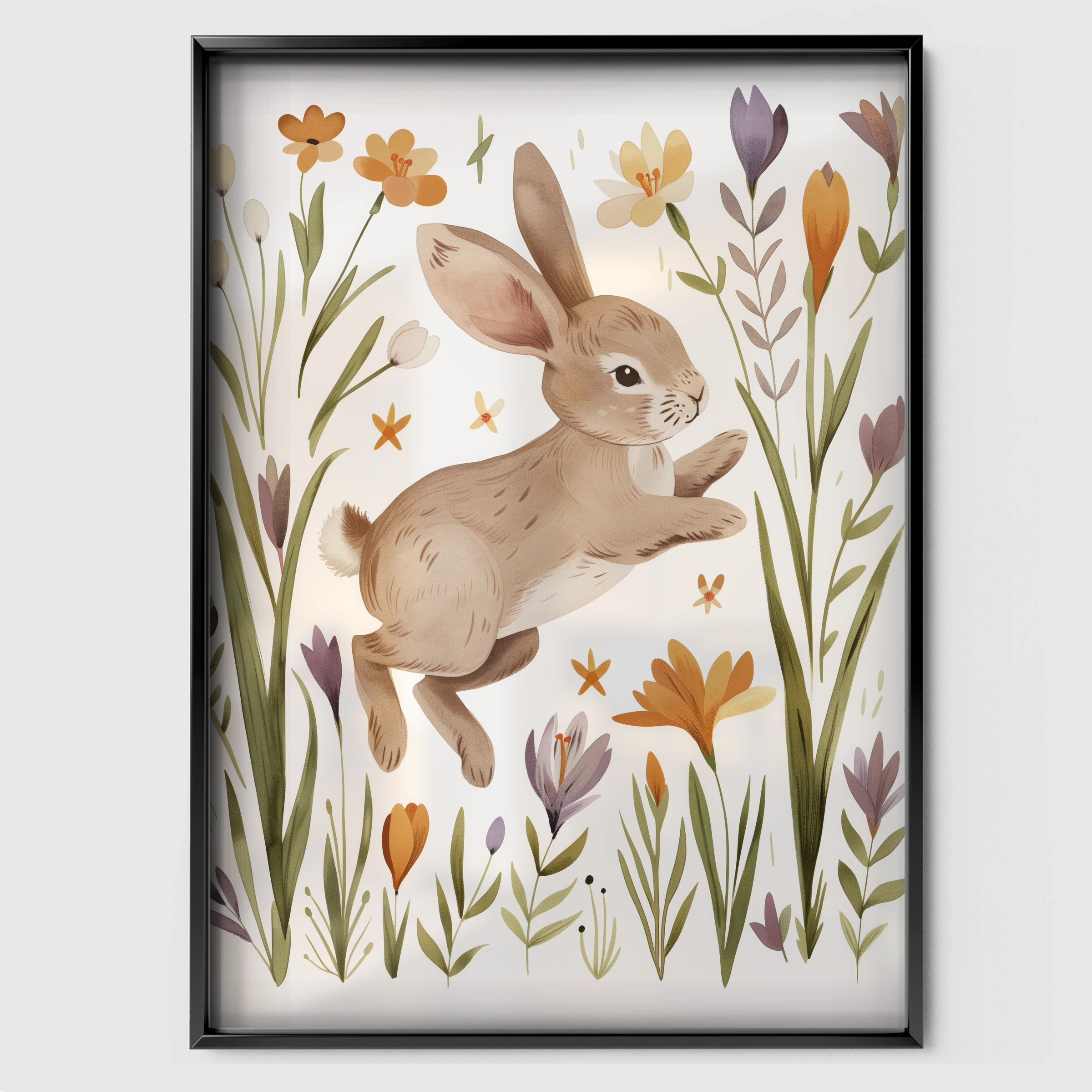 Bunny in Flowers Nursery Print - black framed nursery wall art print