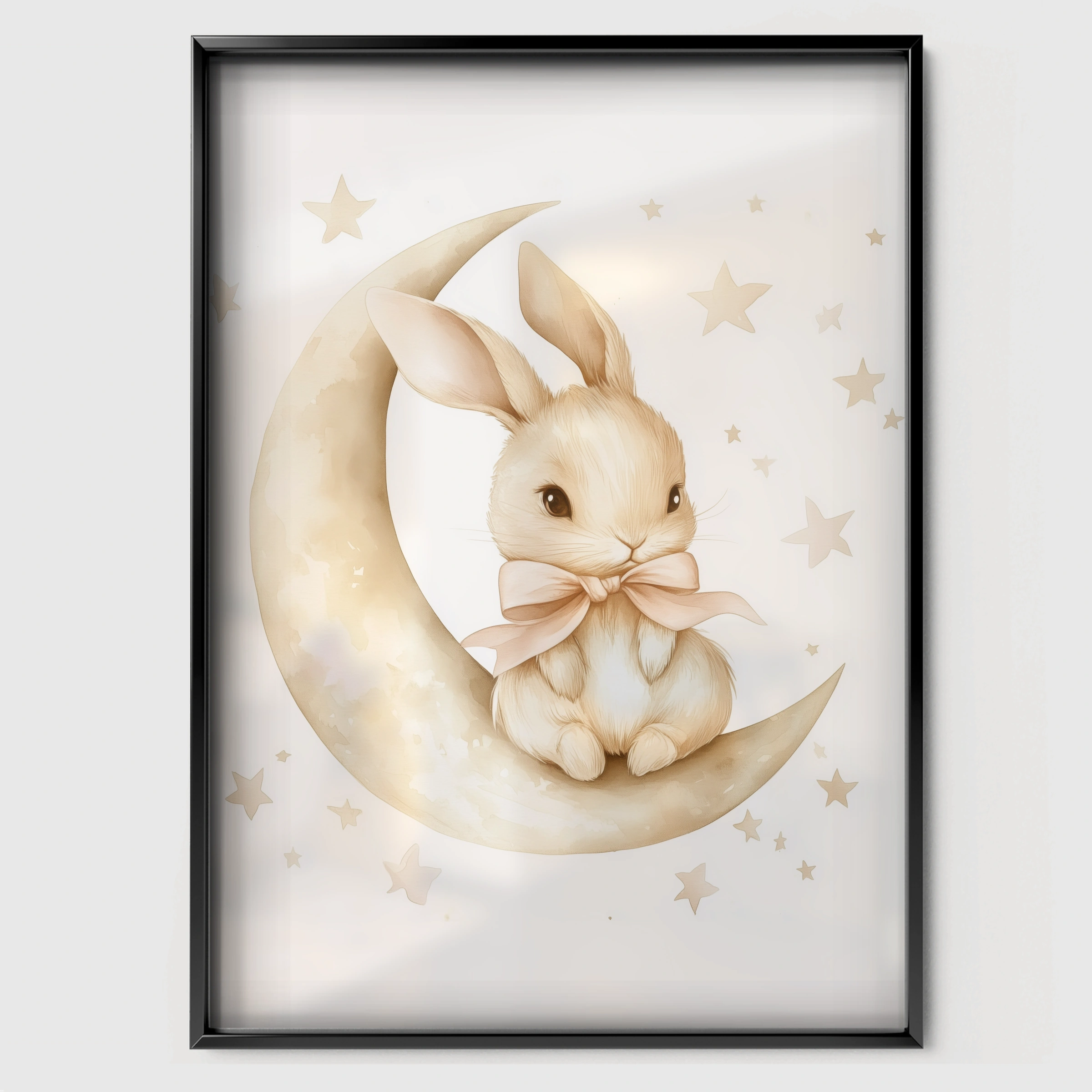 Bunny on the Moon Nursery Print - black framed nursery wall art print