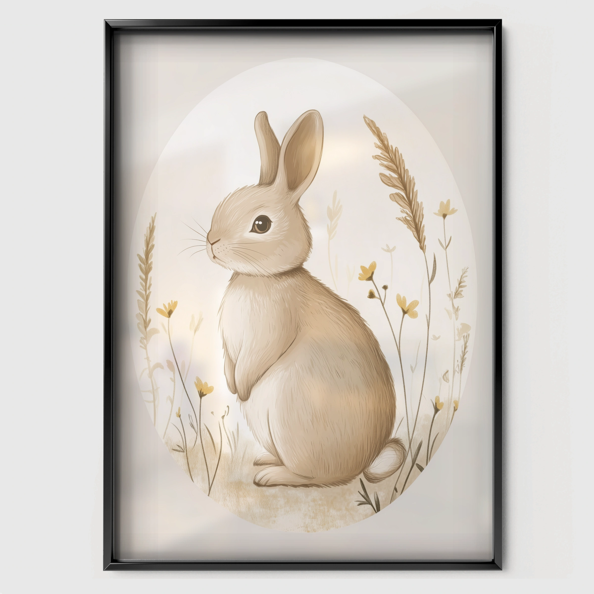 Bunny Oval Nursery Print - black framed nursery wall art print