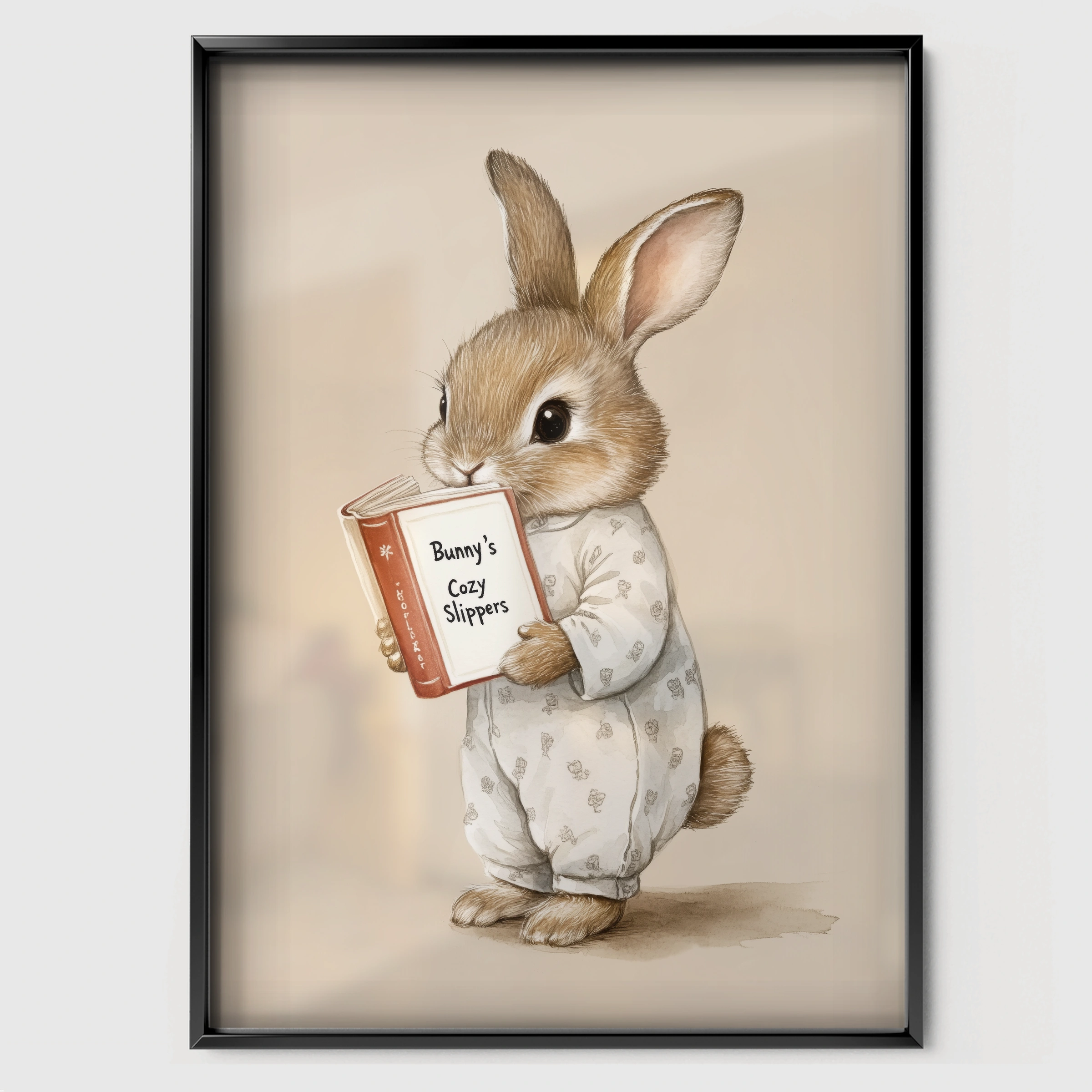 Bunny Reading Nursery Print - black framed nursery wall art print