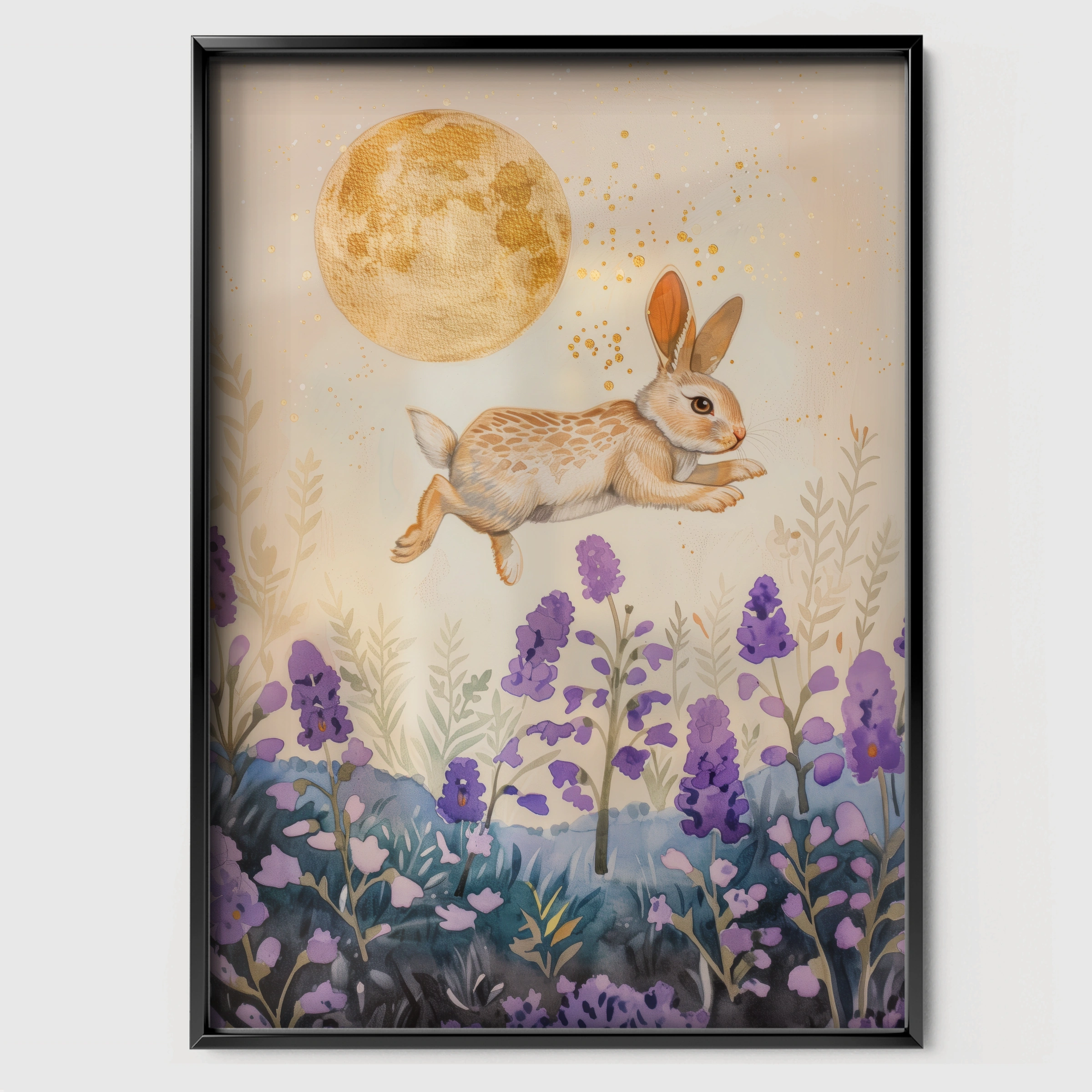 Bunny Under the Moon Nursery Print - black framed nursery wall art print