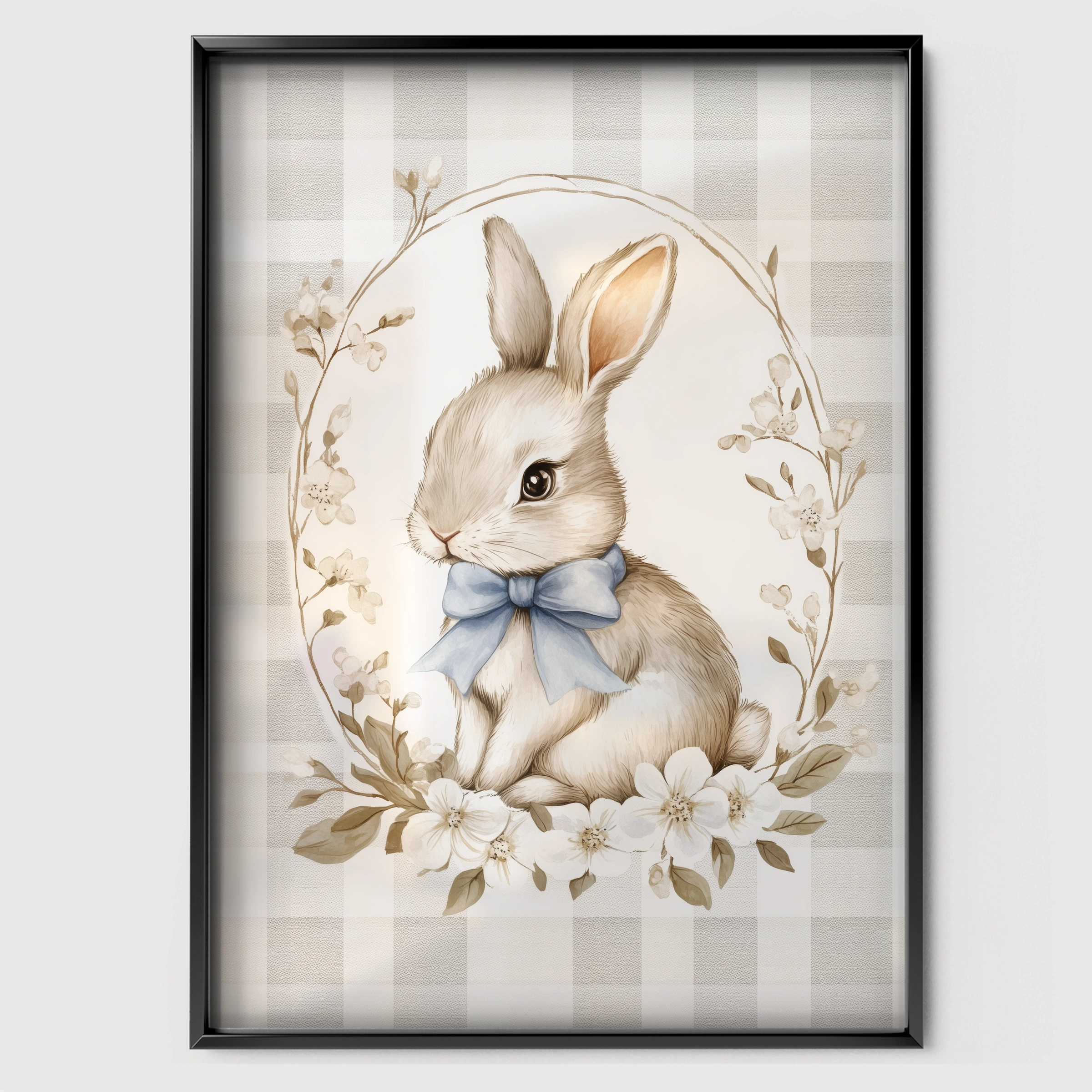 Bunny with a Bow Nursery Print - black framed nursery wall art print