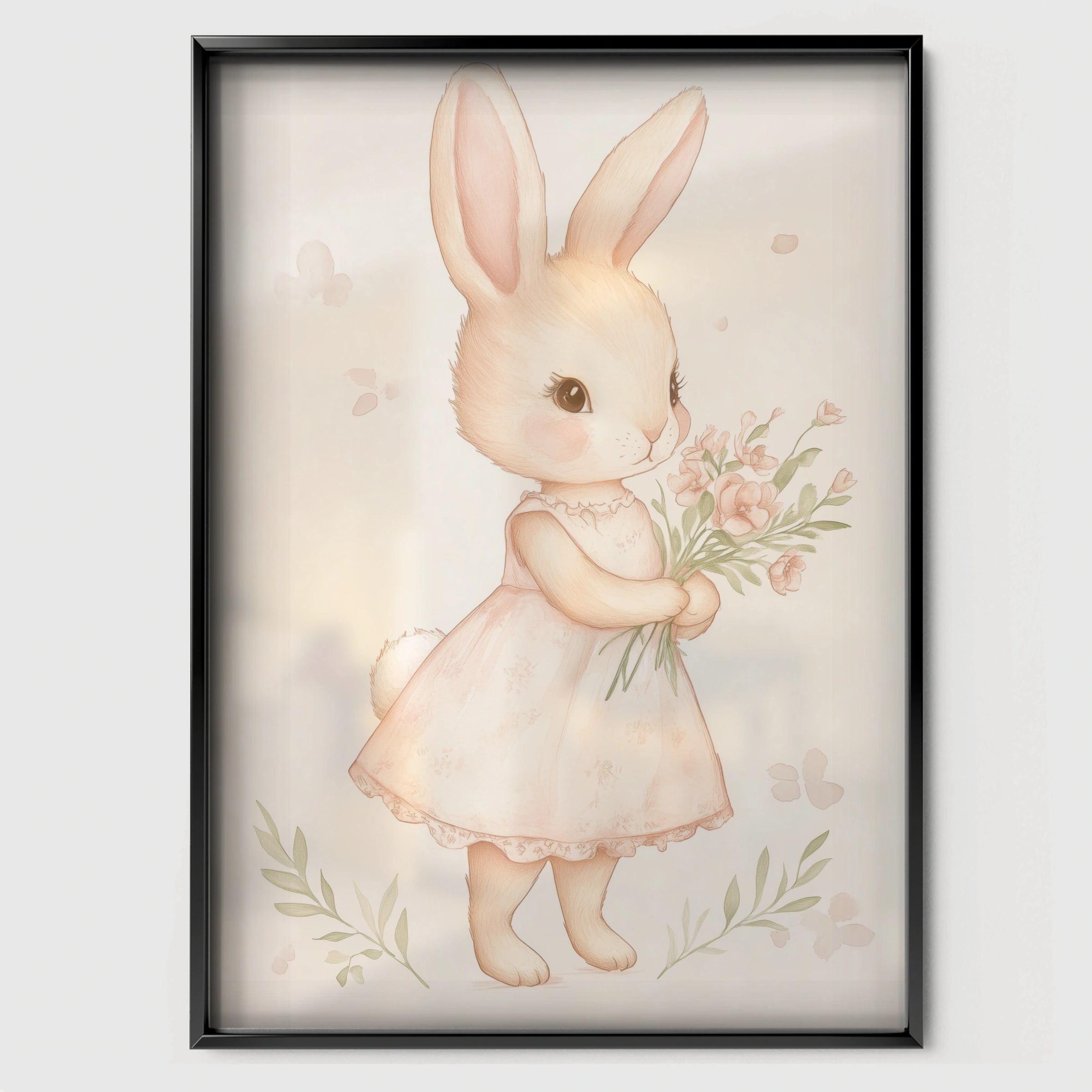 Bunny with a Posy Nursery Print - black framed nursery wall art print