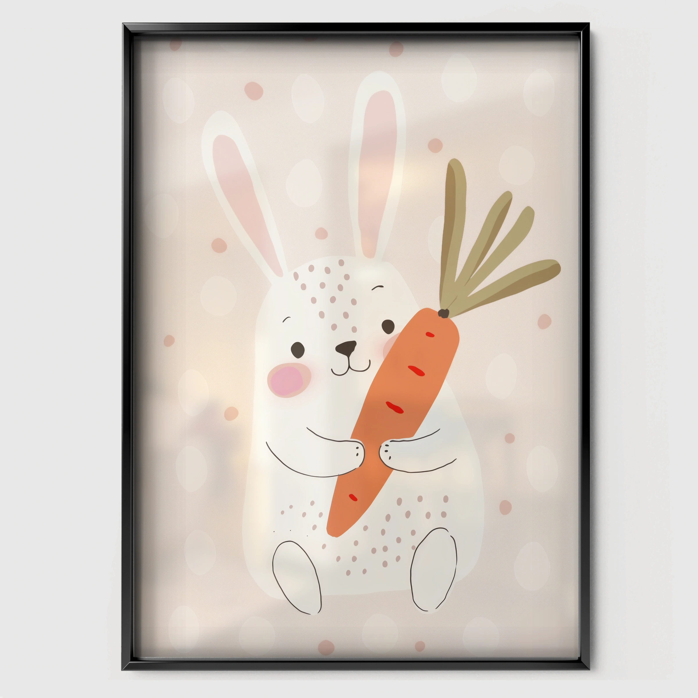 Bunny with Carrot Nursery Print - black framed nursery wall art print