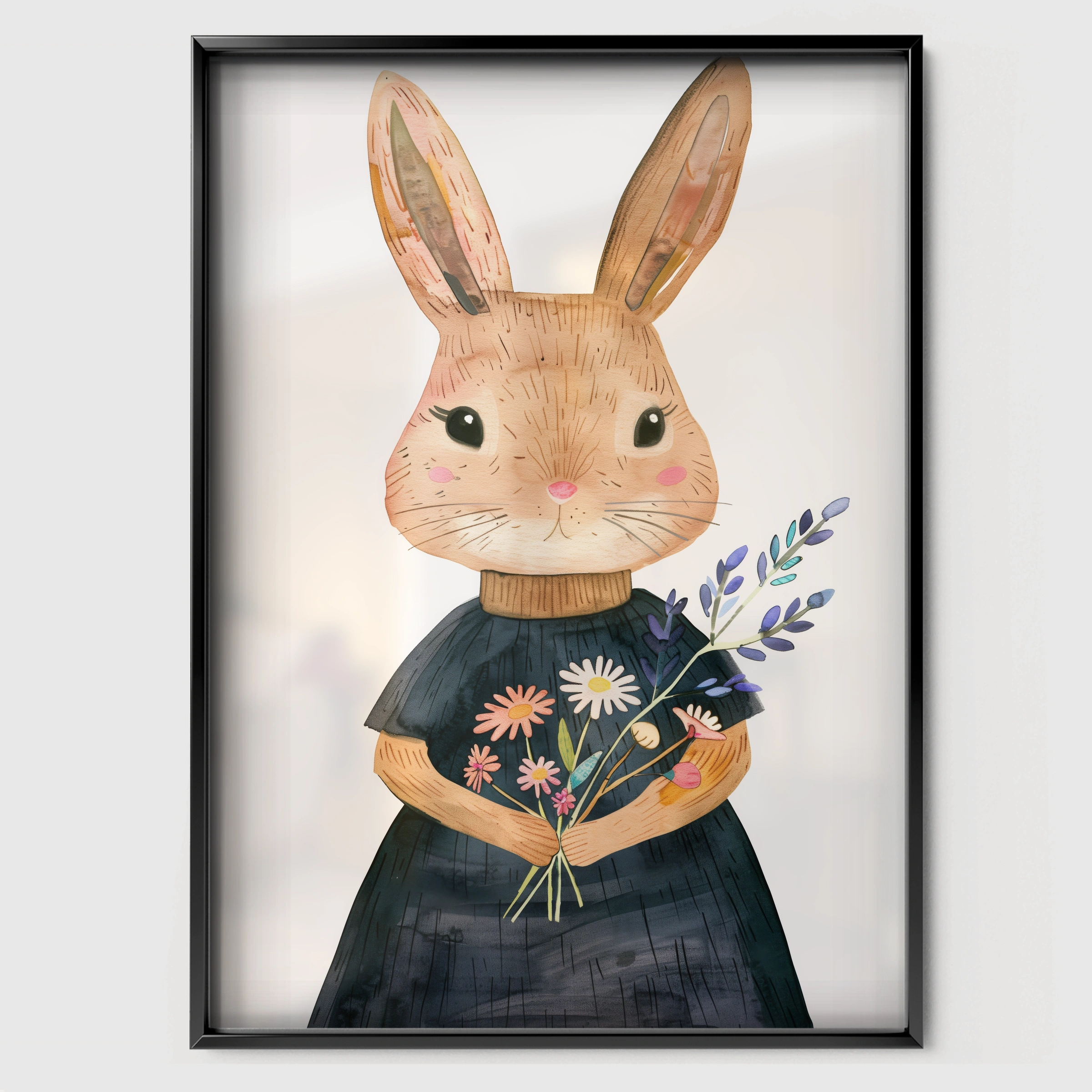 Bunny with Flowers Nursery Print - black framed nursery wall art print